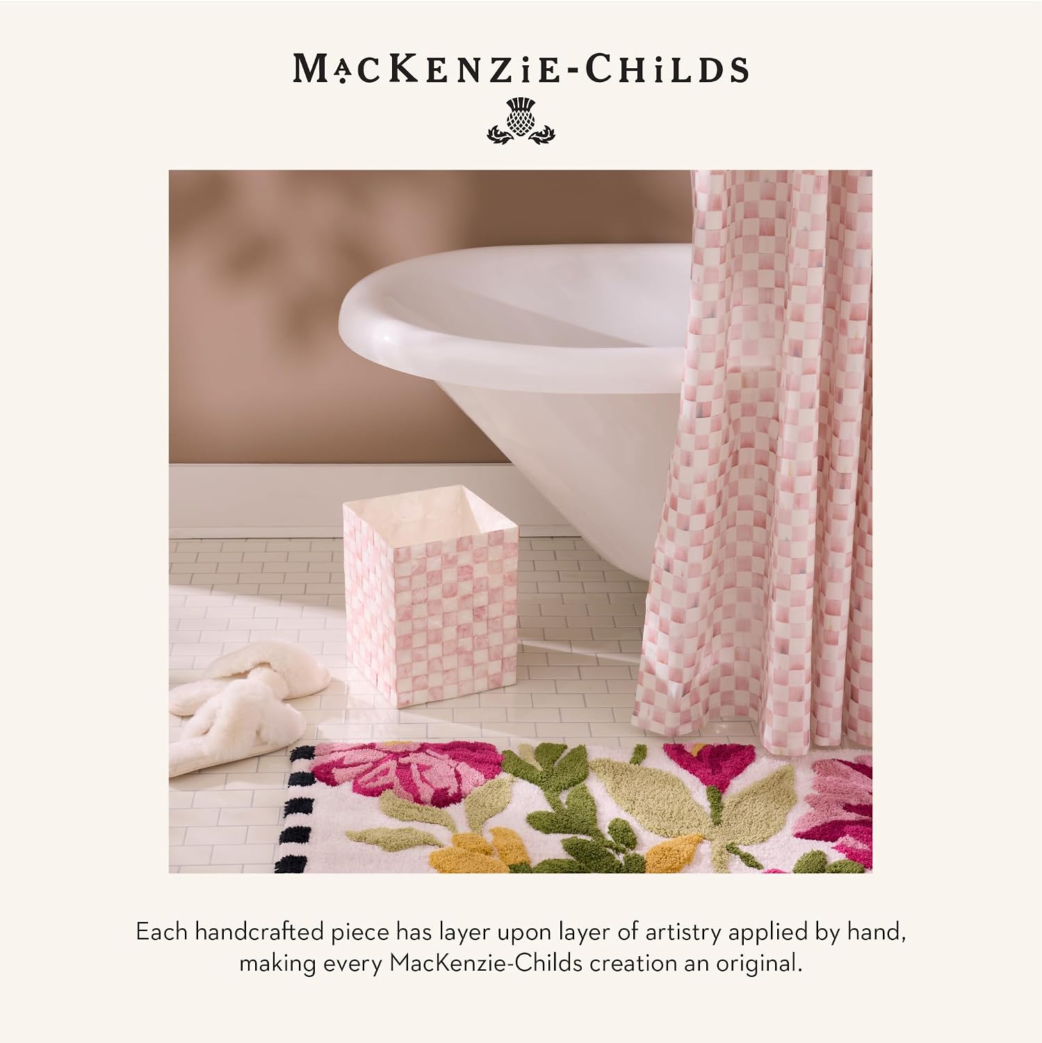 MACKENZIE-CHILDS Waste Bin, Black-and-White Courtly Check | Hand-painted design, made from enameled steel, decorative bedroom or bathroom trash can, 8" dia. x 9.5" H