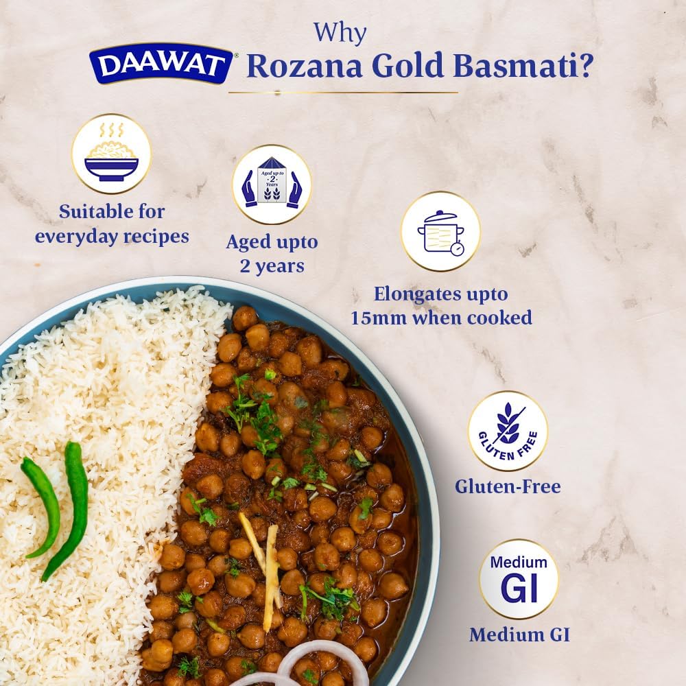 Daawat Rozana Gold Basmati Rice | Naturally Aged Long-Grain Rice | Fluffy & Non-Sticky | Ideal for Everyday Meals, 1 kg (2.2 lb)