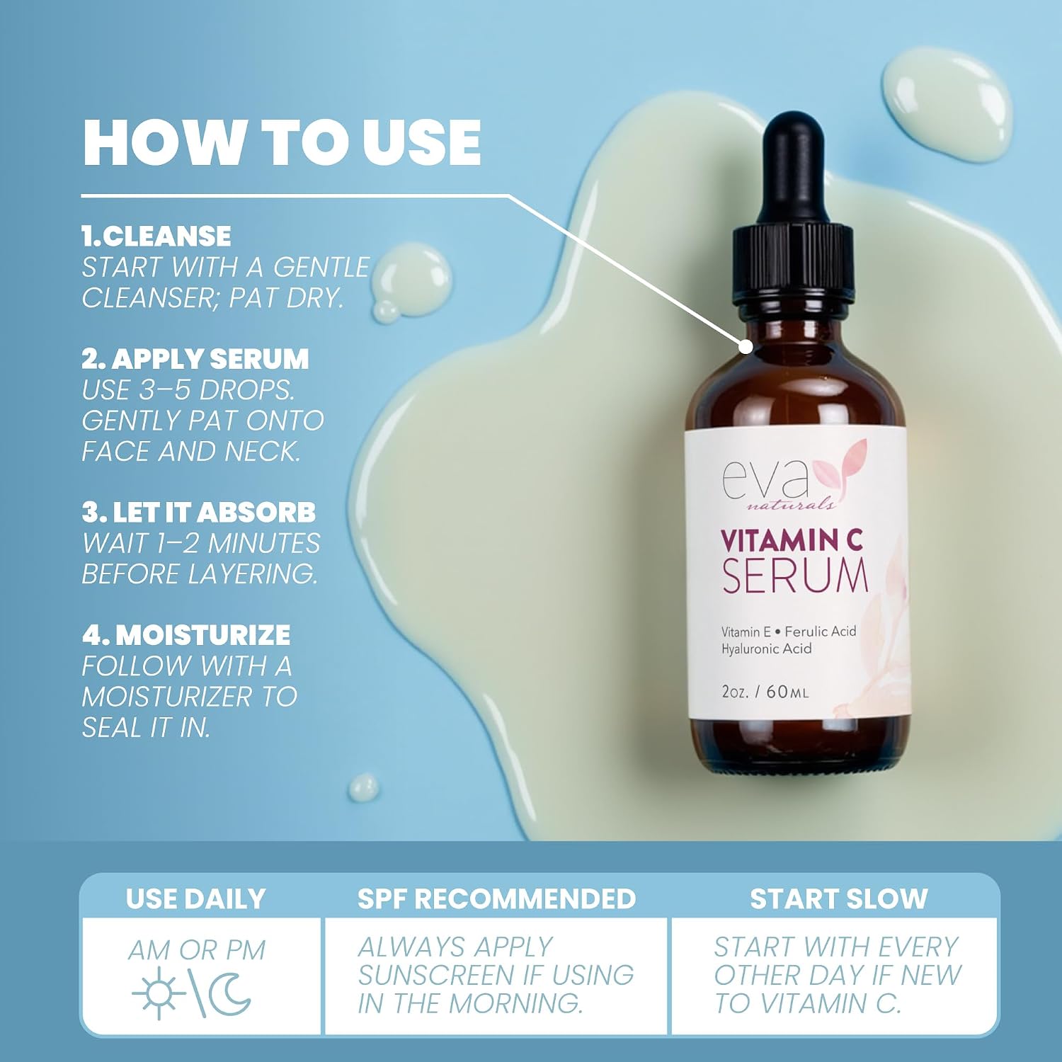 Eva Naturals Vitamin C Serum 20%, Hyaluronic & Ferulic Acid, 1 oz | Vitamin E, dark spots, acne, anti-aging, glow, even skin tone