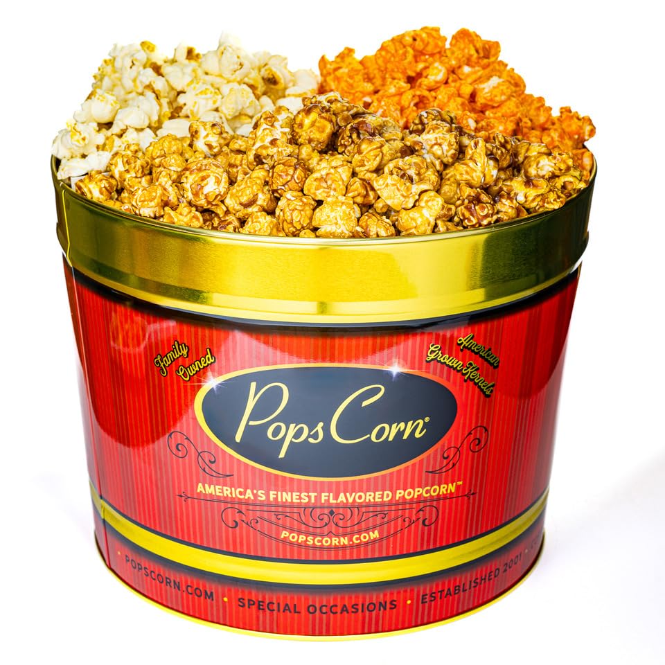 Gourmet Popcorn Gift Tin. Large 2 Gallon. 3 Amazing Flavors. Caramel, Cheese & Kettle Corn. Perfect for Mom, Dad, Coworkers, Secretary, Nurse