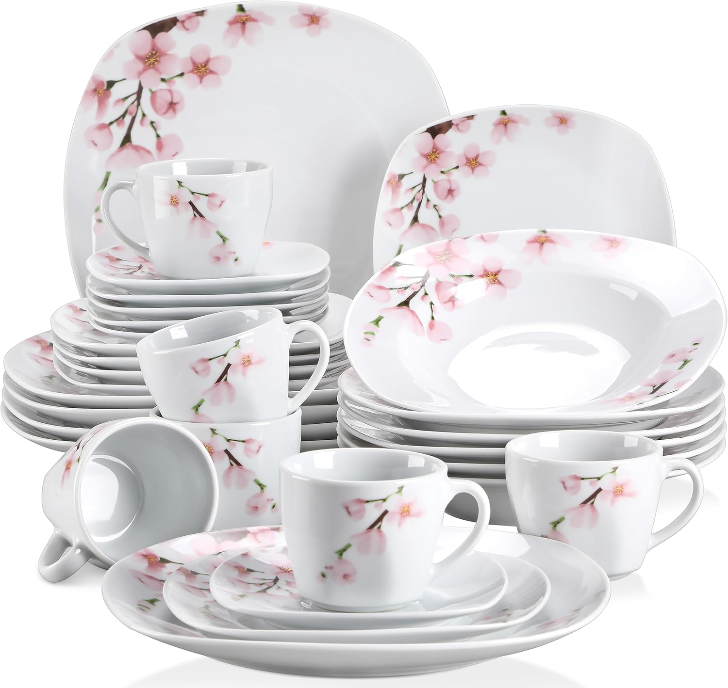 VEWEET 30 PCS Ceramic Dinnerware Sets for 6, Pink Floral Dish Set, ANNIE | Porcelain Dinner Set Including Dessert Plates, Soup Plates, Dinner Plates, Cups & Saucers, Microwave & Dishwasher Safe