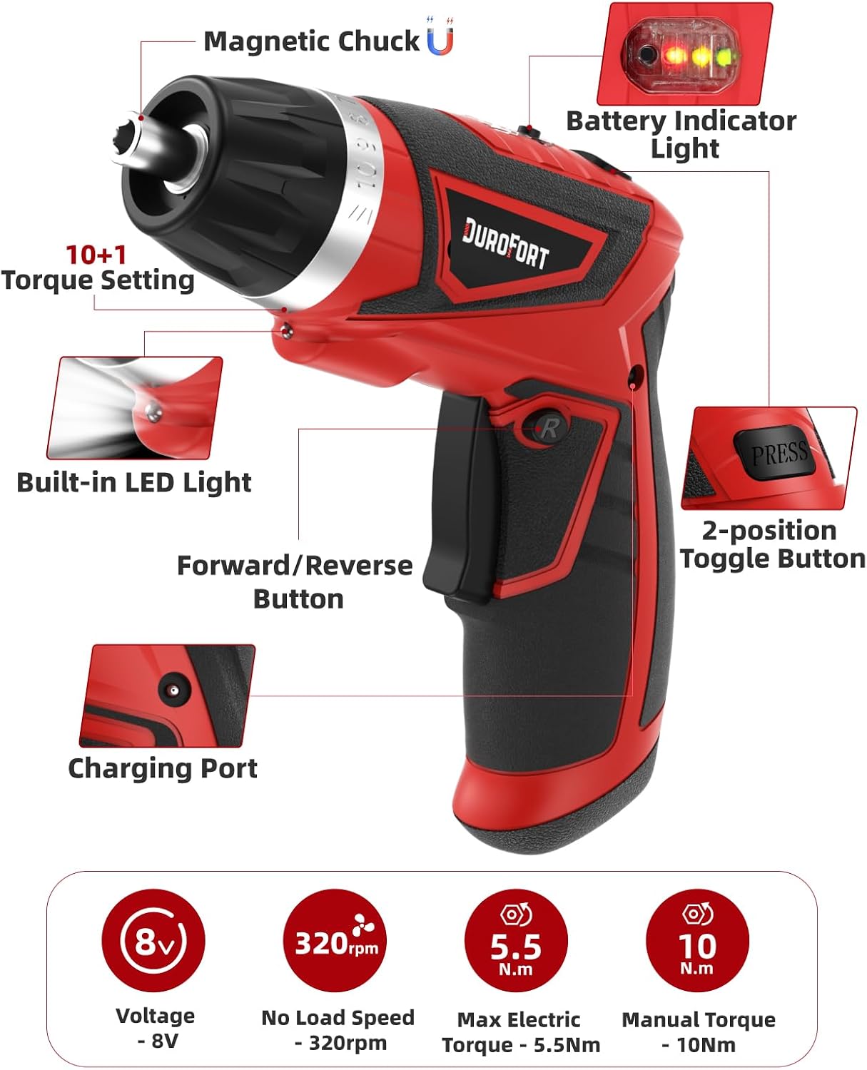 Cordless Electric Screwdriver Set, 8V 10Nm Rechargeable Power Electric Drill, Battery Screw Gun with Driver Bit, 320RPM/10+1 Torque, 2 Position Handle, Flexible Shaft LED Light (Red, 28Pcs)