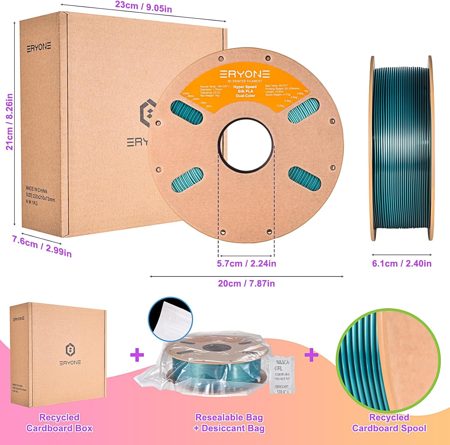 ERYONE Silk Filament PLA+ 1.75mm Upgraded Shiny 3D Printer Filament, Gloss Finish, Fit Most FDM Printer Stable Printing,1kg (2.2LBS)/Spool, Silver