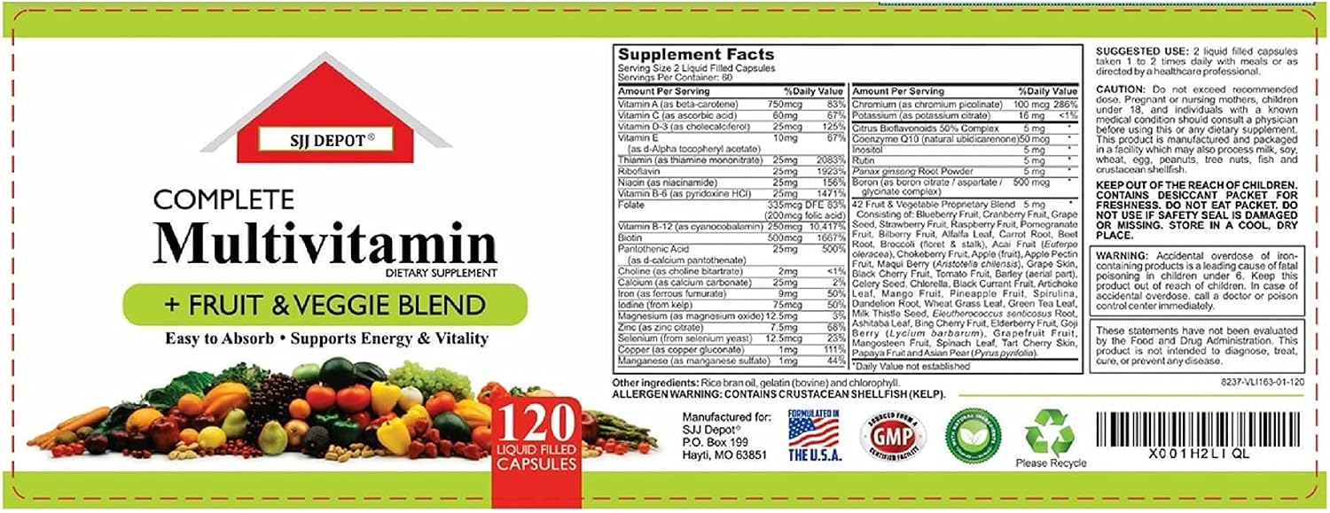 120 Multivitamin Fruit and Vegetable Liquid Capsules, Loaded Multivitamins, Supplements, Multiple Vitamin has Many Antioxidants