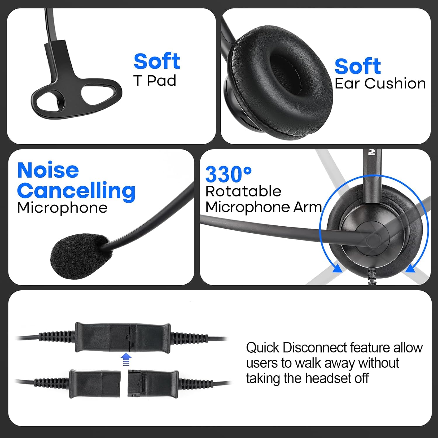 MKJ Corded 2.5mm Office Headset with Microphone for Cisco Panasonic Phones | Noise Cancelling, Wired Headphones for Call Center Telephone