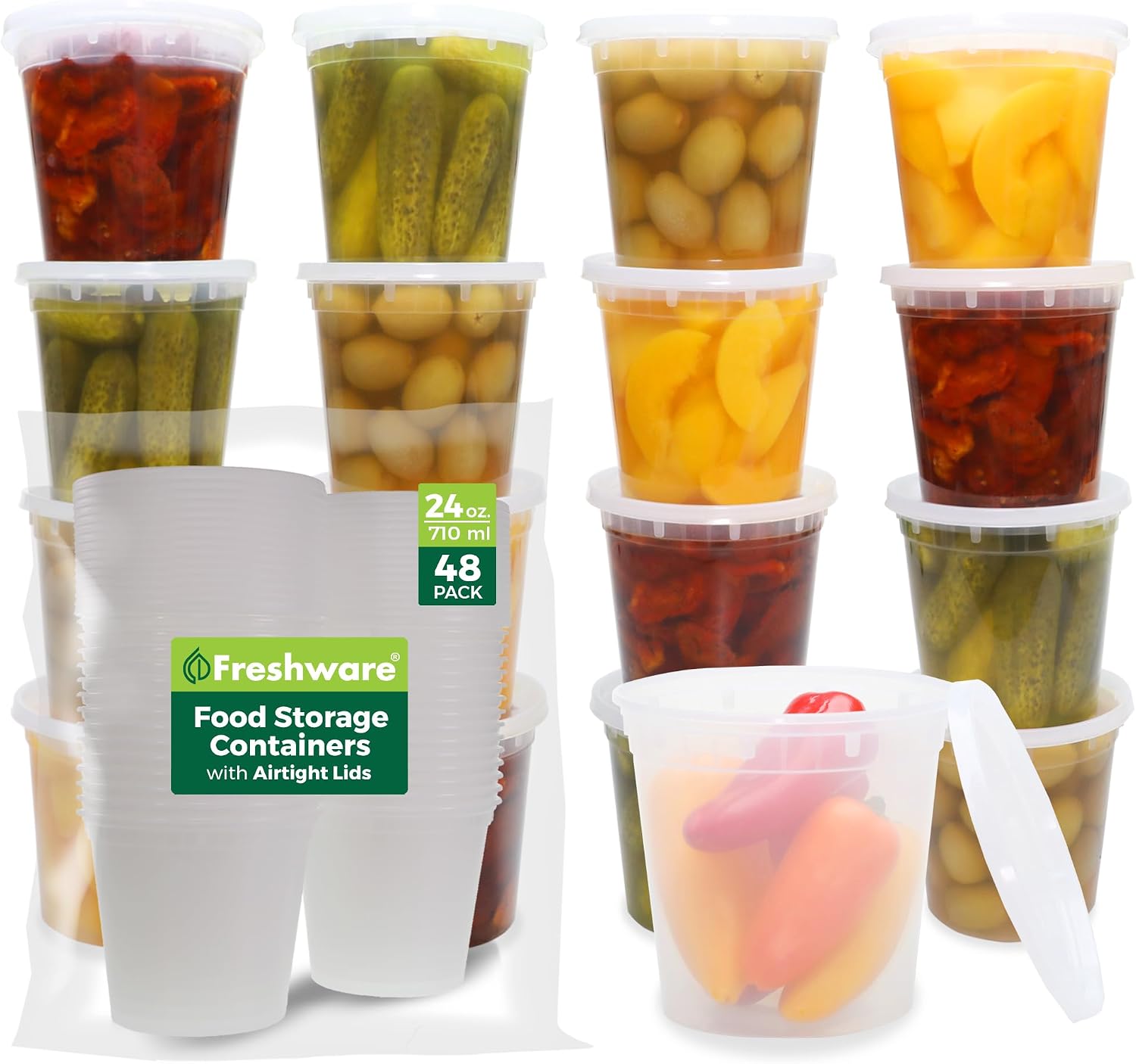 Freshware Food Storage Containers [24 Set] 32 oz Plastic Deli Containers with Lids, Slime, Soup, Meal Prep Containers | BPA Free | Stackable | Leakproof | Microwave/Dishwasher/Freezer Safe