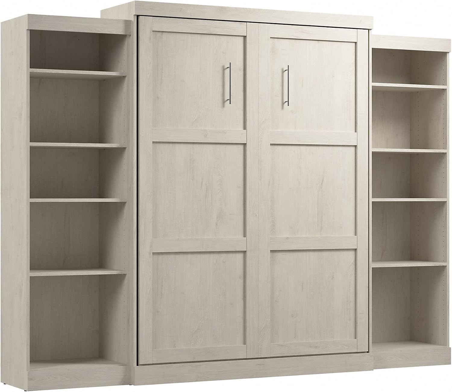 Bestar Pur Full Murphy Bed and 2 Shelving Units with Drawers, 109-inch Space-Saving Sleeping Arrangement in White | 2 Shelving Units with Drawers; supports up to 1000 lb; min. ceiling height 86.4 in.; dual piston mechanism; 10-year warranty