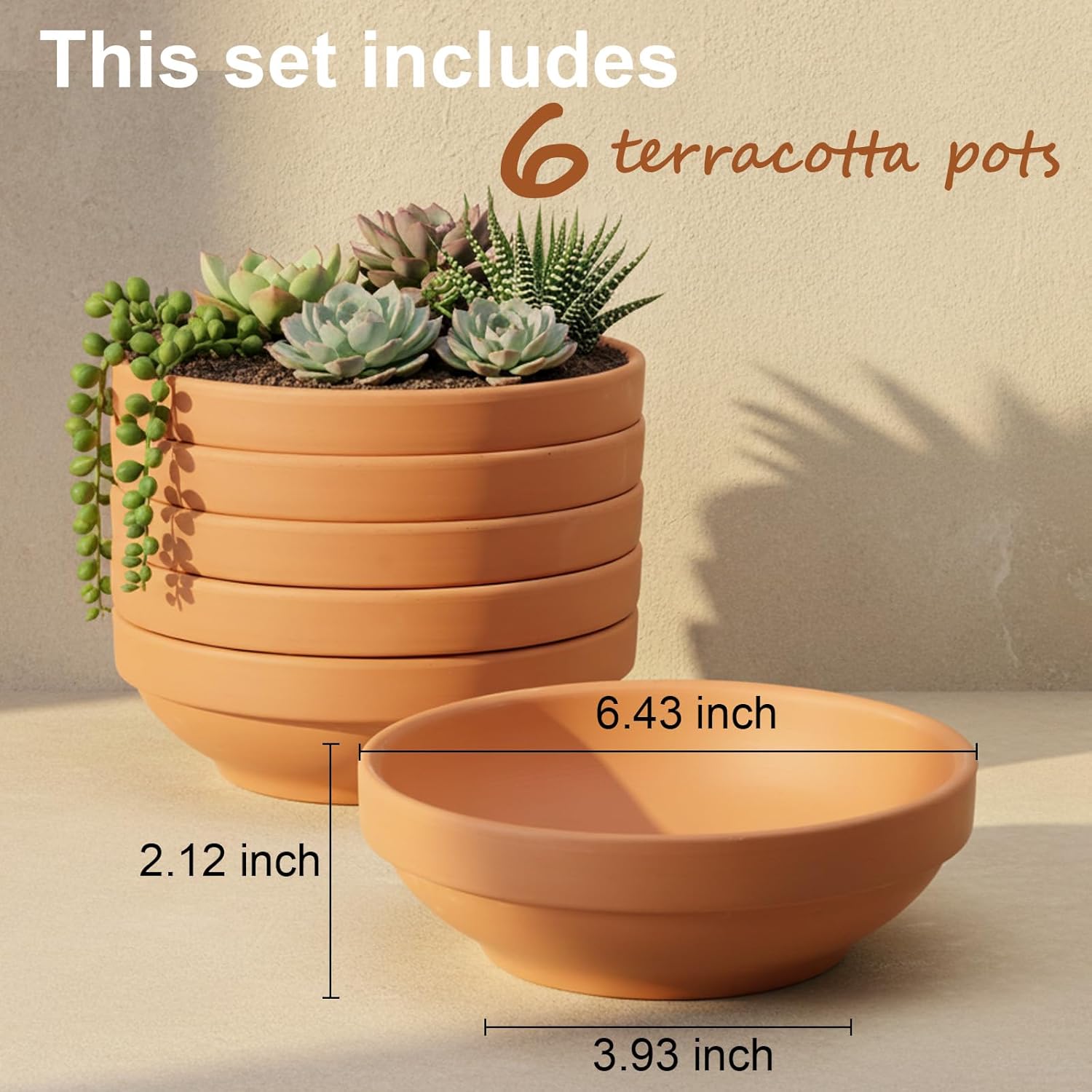 Laerjin Terracotta Pots, 6.43 Inch Shallow Pots with Drainage Hole, 6 Pack