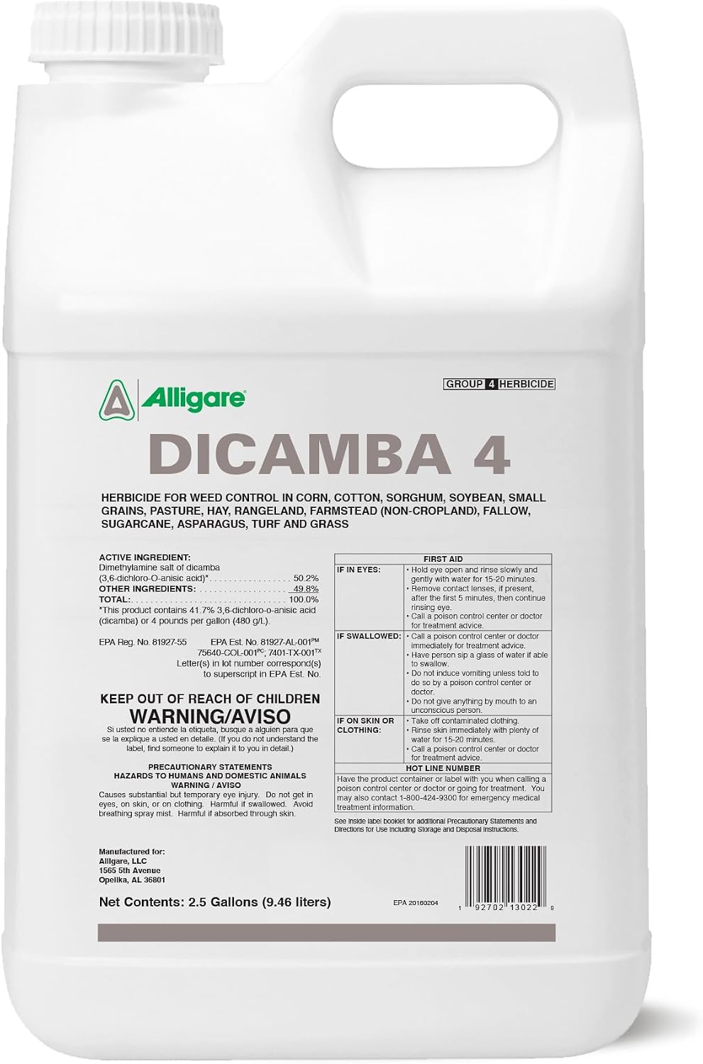 Alligare Dicamba 4 for Corn, Soybean, Cotton, Sugarcane, Turf & More - Powerful Weed Control - Water-Soluble Dicamba Herbicide