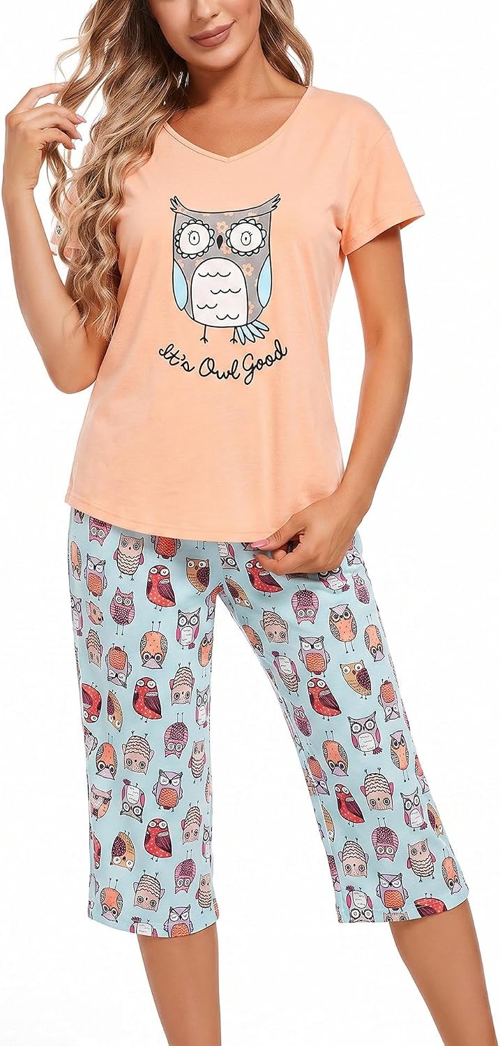 ENJOYNIGHT Womens Pajama Set Cotton Short Sleeve Top With Capri Pants Pj