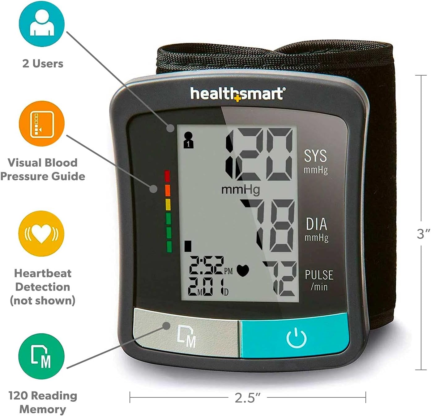 HealthSmart Digital Standard Wrist Blood Pressure Monitor with Automatic Adult Cuff That Displays Pulse Rate and Irregular Heartbeat Stores up to 60 Readings for 2 Users