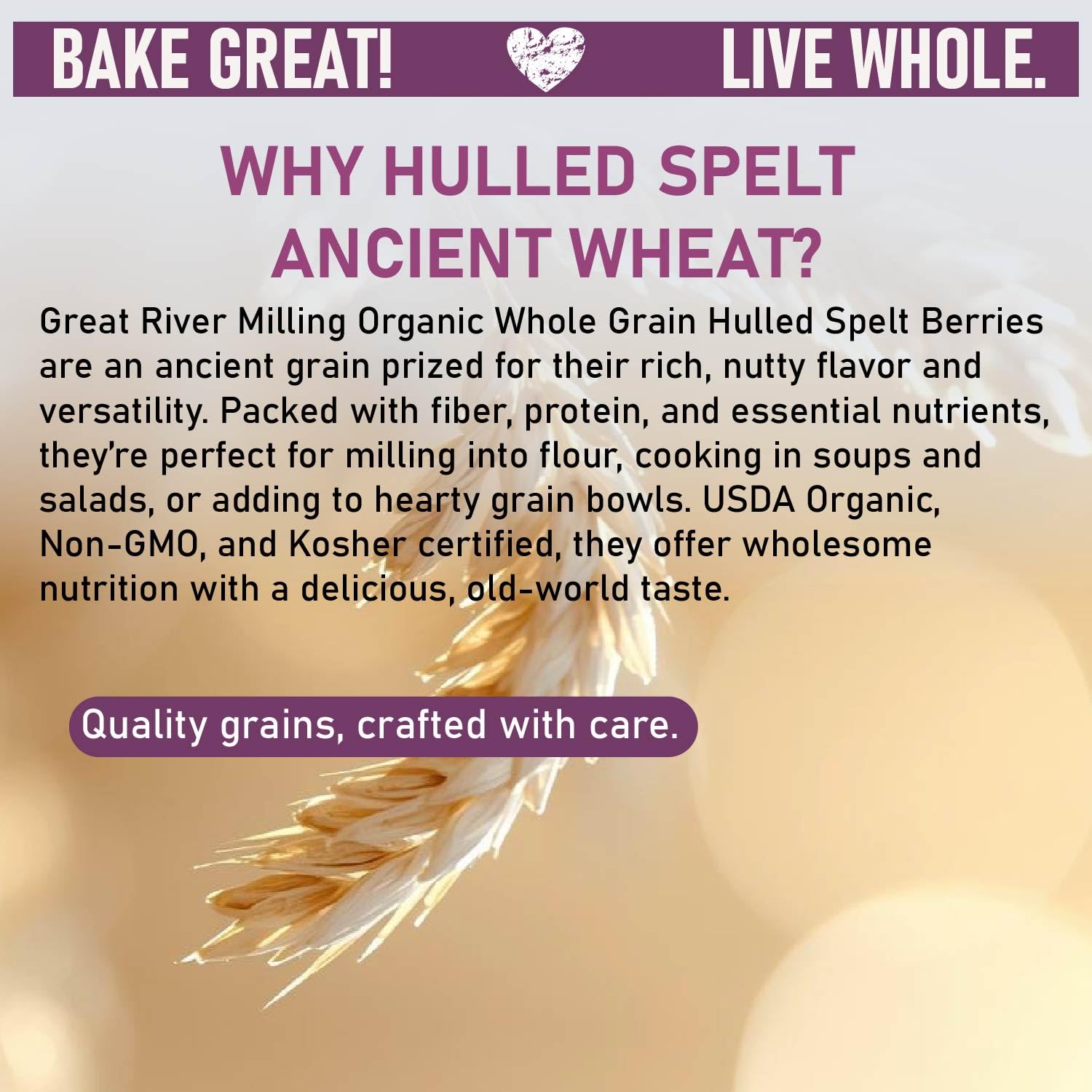 Great River Milling Organic Hulled Spelt Berries, Ancient Grain, 25 lb | Organic Hulled Spelt Berries for fresh spelt flour, bread, salads, pilaf, hot cereal and grain bowls; chewy cooked berries