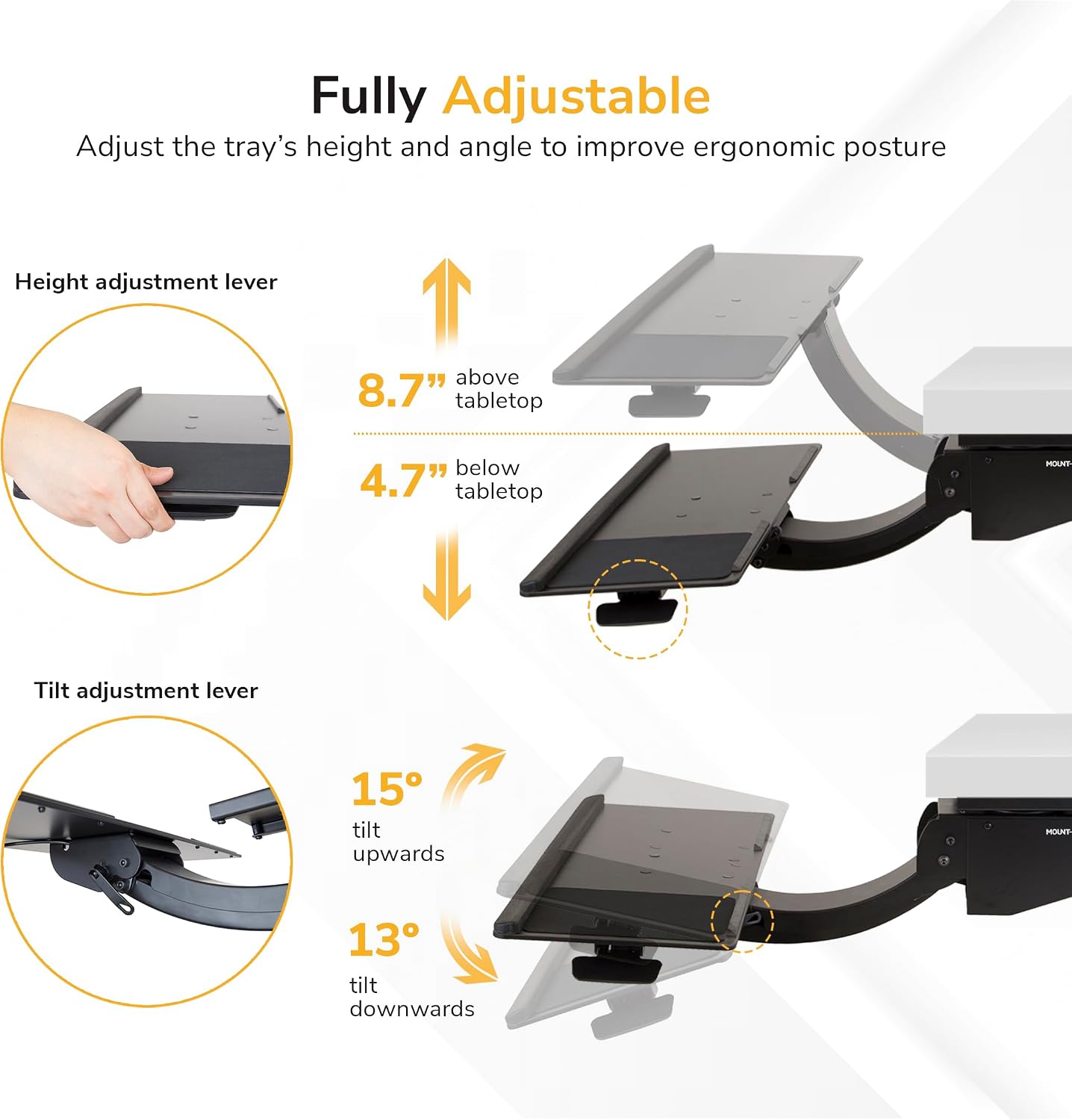Mount-It! Under Desk Keyboard Tray, Adjustable Slide-Out Keyboard & Mouse Platform, 26.5" W × 10" D, Ergonomic Wrist Rest, Height Tilt & Swivel