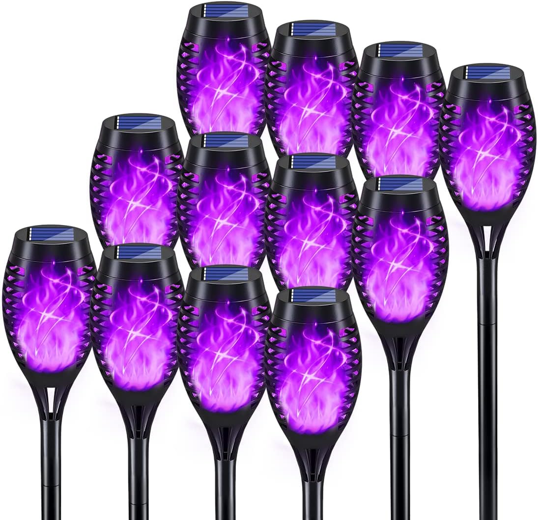 KYEKIO 12Pack Solar Torch Light with Flickering Flame for Halloween Decor