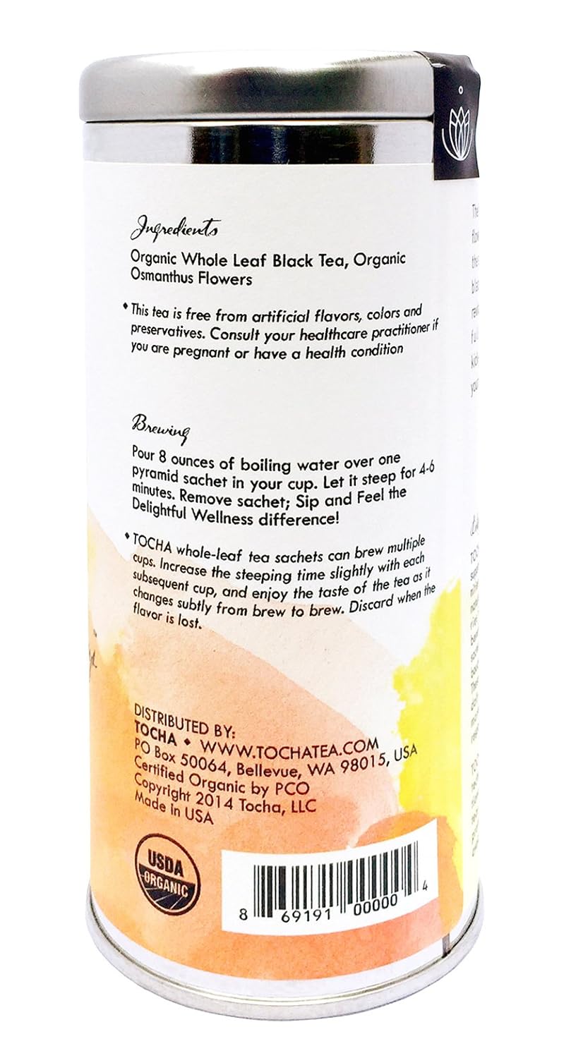 Tocha Organic Morning Pick-Me-Up Black Tea – Bold & Smooth Caffeine Boost | 15 Biodegradable Pyramid Bags | Floral Osmanthus Aroma
