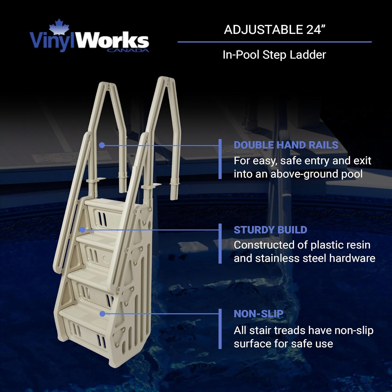Deluxe Adjustable 24 Inch Wide in Pool Step Ladder Entry System for Above Ground Swimming Pools with Non Slip Steps, Taupe