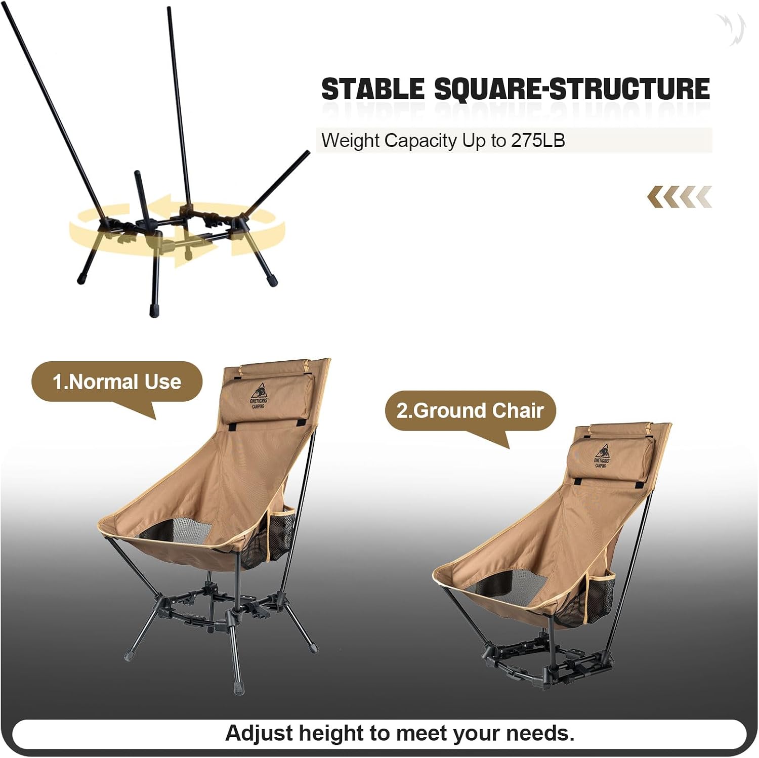 ONETIGRIS Dragonhide Oversized Camping Chair with Pillow Design, Comfortable Widened Seat Folding, 275 lbs Capacity