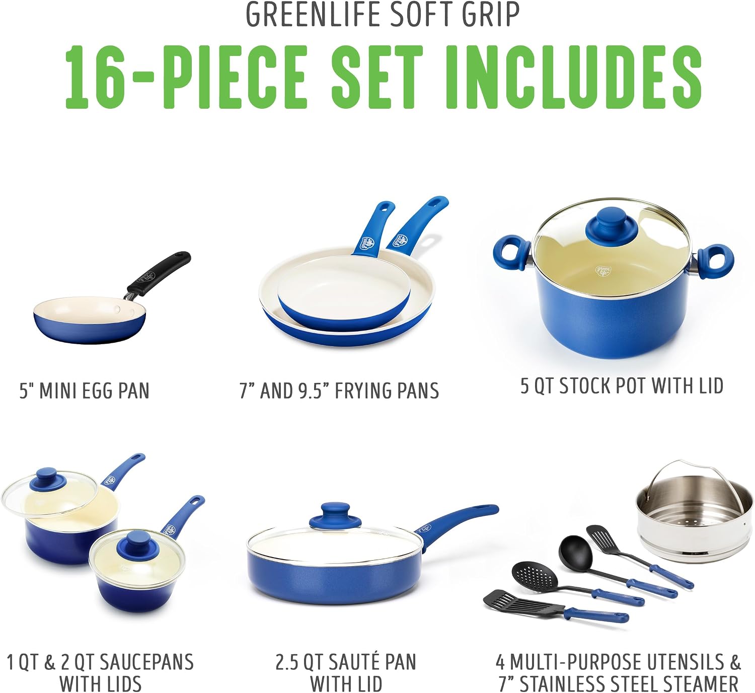 GreenLife 16 Piece Ceramic Nonstick Pots & Pans Cookware Set, Turquoise | PFAS-Free Ceramic Nonstick, Stockpot, Frying Pans, Saucepans, Sauté Pan, Stay-Cool Handles, Dishwasher & Oven Safe up to 350F