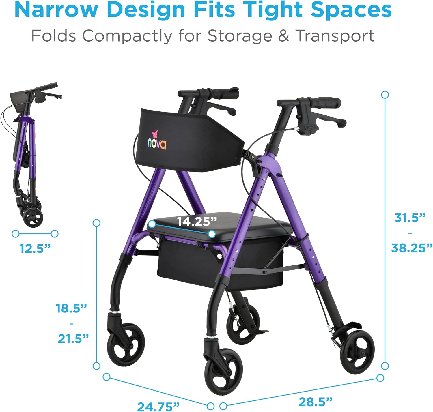 NOVA Star 6 Foldable Rollator Walker for Seniors, Wide Padded Backrest with Seat, 6” All-Terrain Wheels, Easy-Grip Locking Hand Brakes, Height Adjustable, Blue