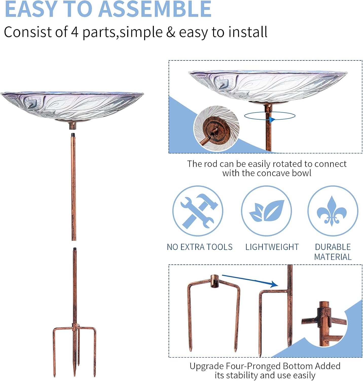 VCUTEKA Glass Bird Bath Outdoor BirdBath Garden Birdfeeder with Metal Stake