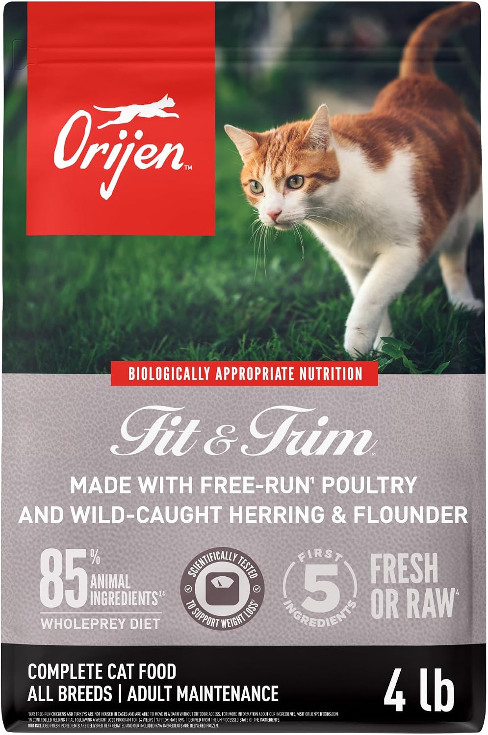 ORIJEN Grain Free WHOLEPREY Dry Cat Food Original Recipe 4lb. Bag | 90% Animal Ingredients, Freeze Dried, Fresh or Raw Ingredients, High Protein, Heart Health, Free-Run Poultry