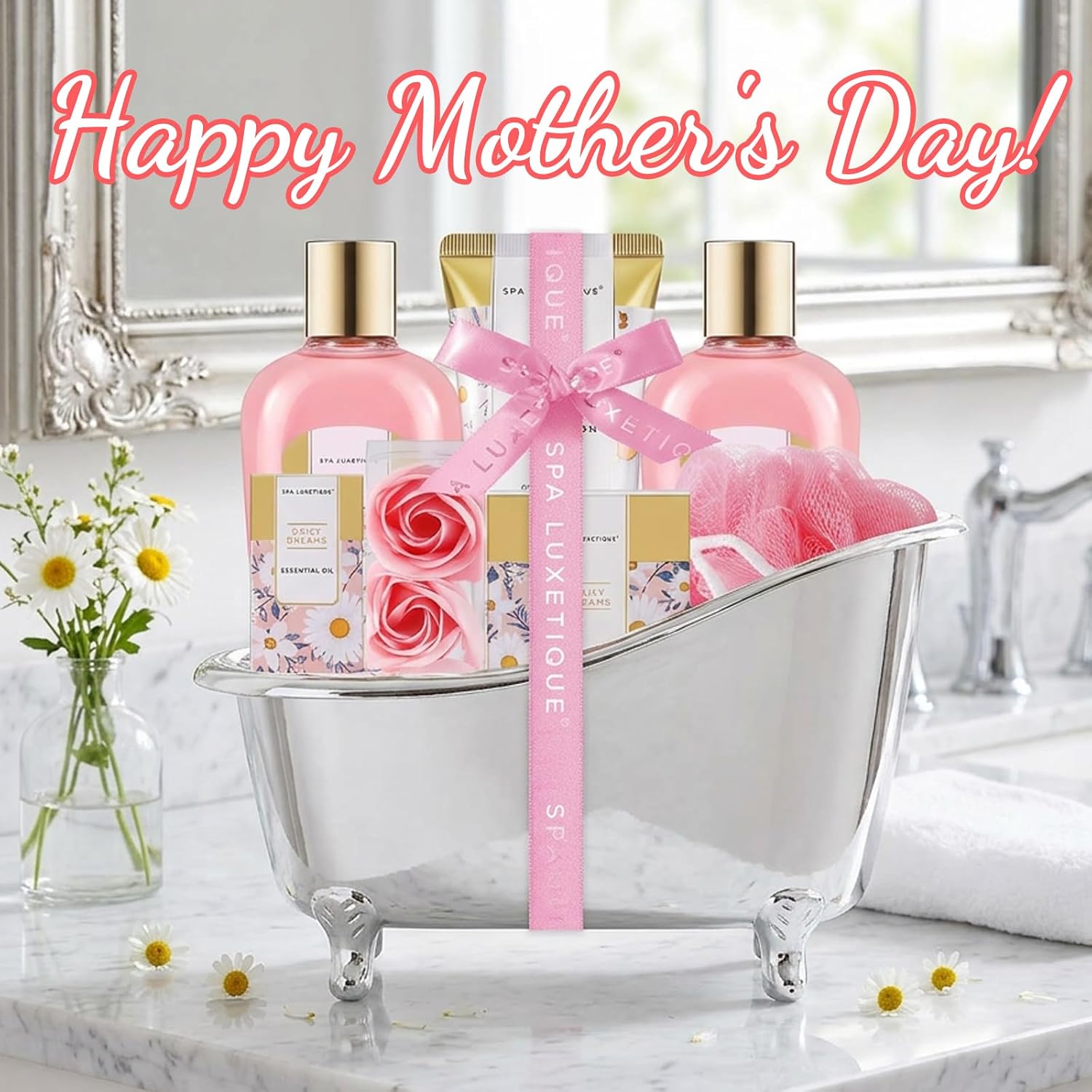 Self Care Gifts for Women, Spa Luxetique 8pcs Daisy Bath and Body Gift Baskets for Her, Bath Set with Bubble Bath, Lotion, Christmas Gifts for Mom