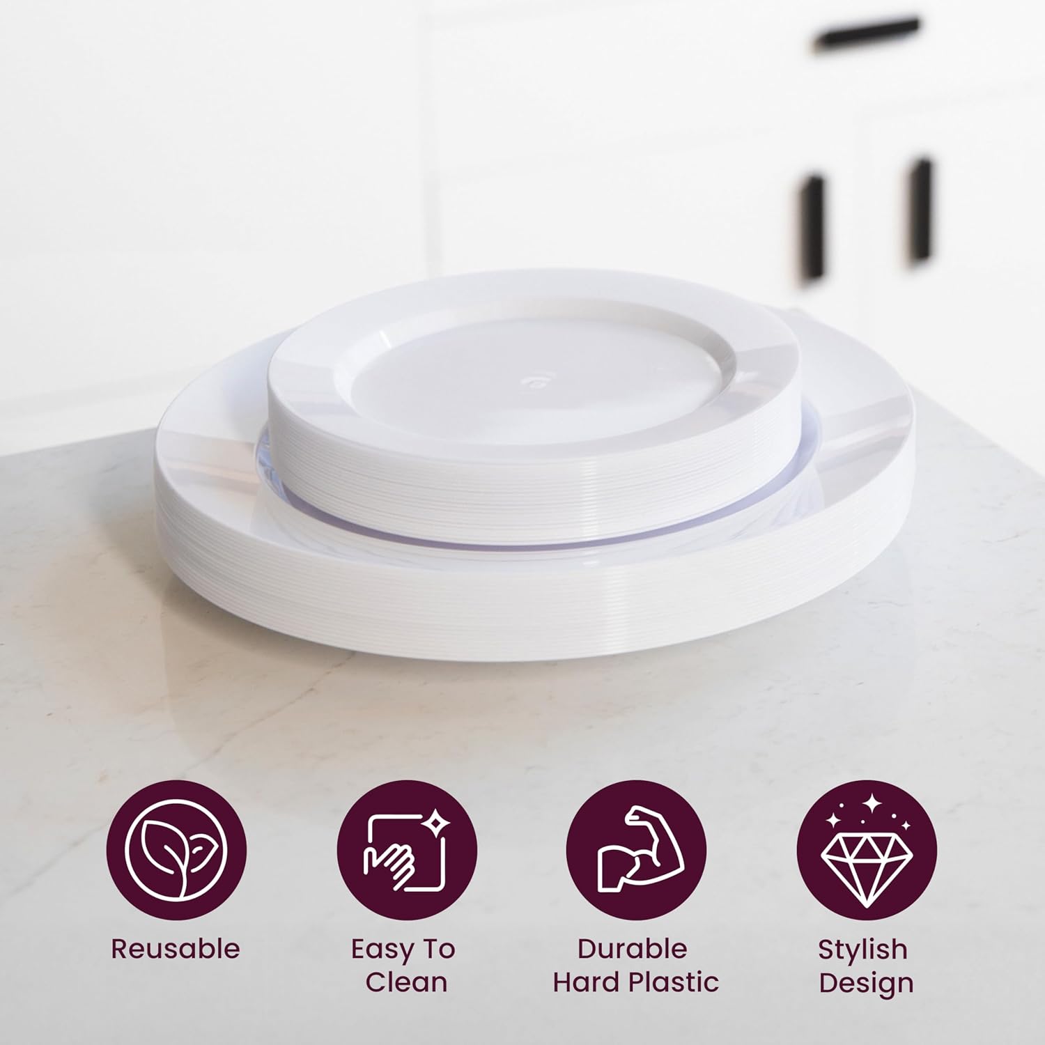 Aya's 60ct Square Plastic Disposable Plates, White - 9.5-Inch 30 Dinner and 6.5-Inch 30 Salad Plates for Party - Heavy-Duty Hard Plastic Design for Wedding, Event, Christmas, and Thanksgiving