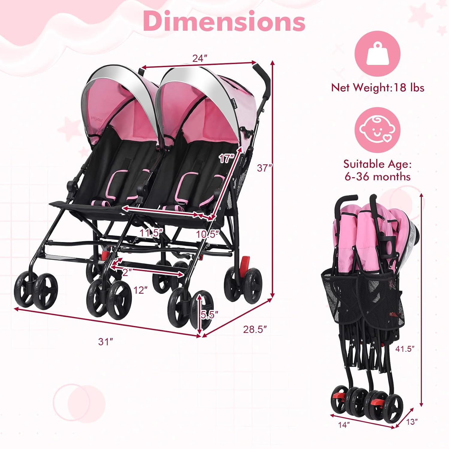 BABY JOY Double Umbrella Stroller, Lightweight Travel Side by Side Twin Stroller with Large Storage, Cup Holder, 5-Point Safety Harness, Adjustable Canopy & Compact Fold for Infant and Toddler (Black)