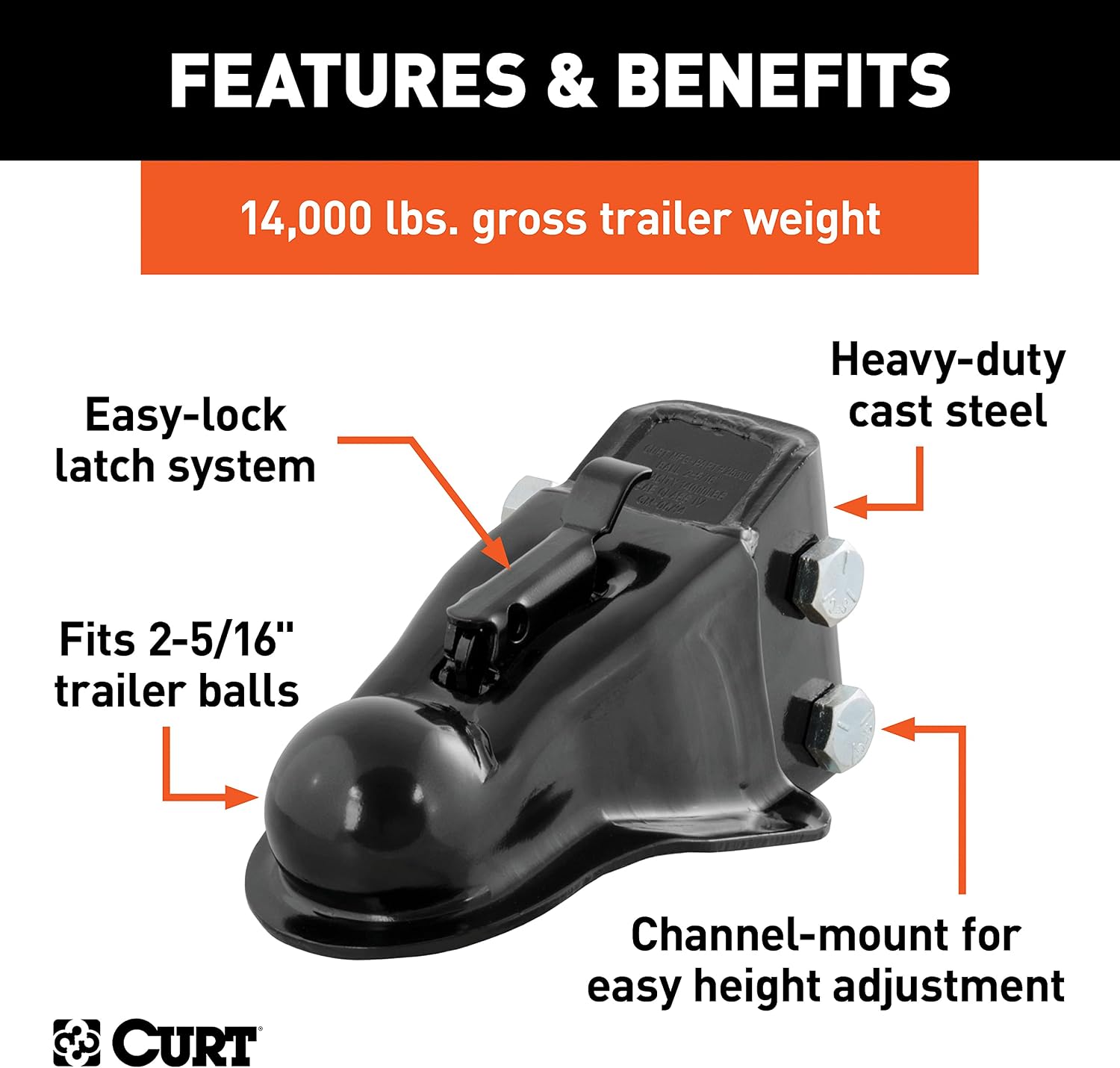 CURT 25330 Channel-Mount Adjustable Trailer Coupler, 2-5/16-Inch Hitch Ball, 14,000 lbs