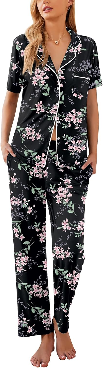 Ekouaer Womens Pajamas Set Short Sleeve Button Down Top & Pants Lounge Pjs