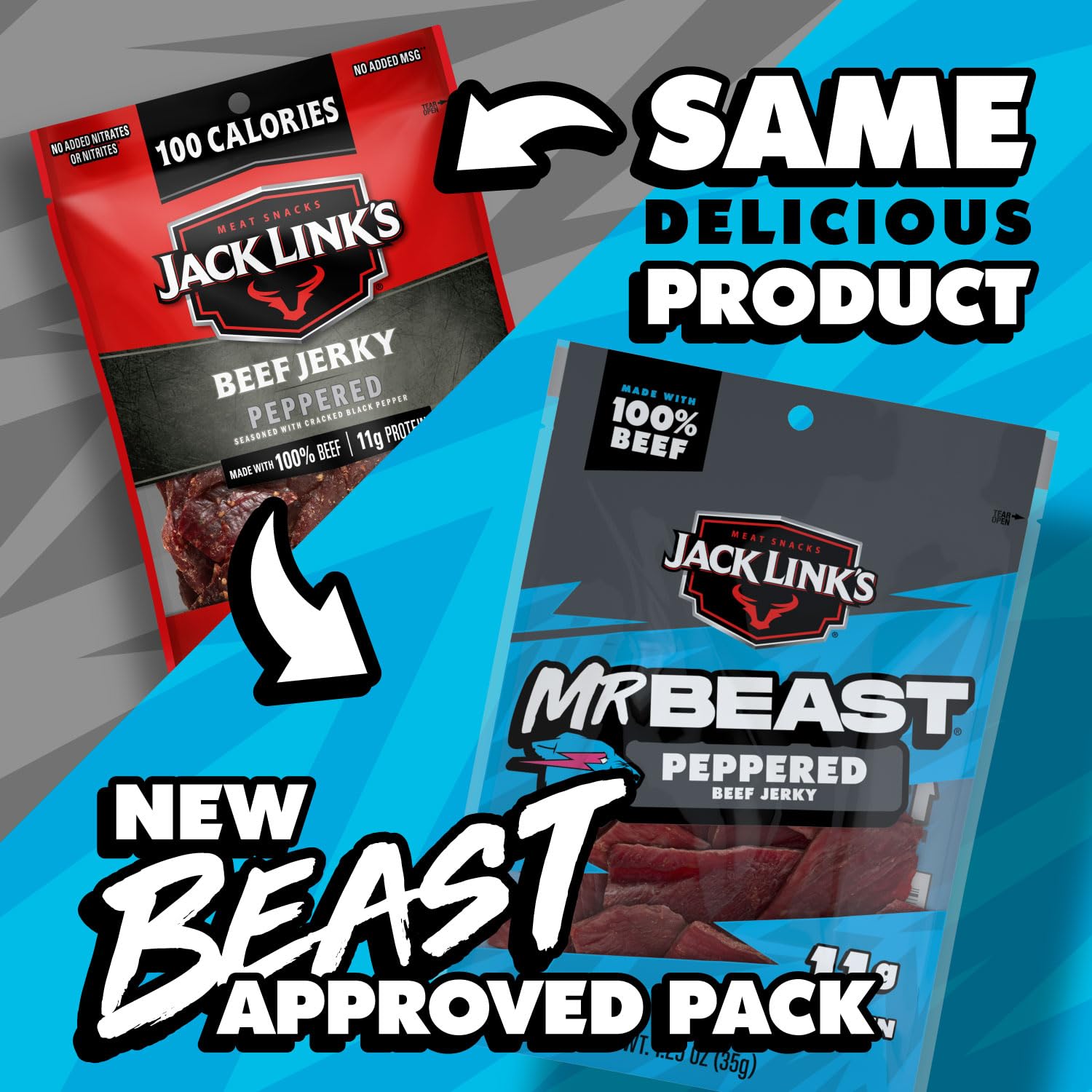 Jack Link's MrBeast Beef Jerky, Peppered Beef Jerky - 10 Count | As Seen on Beast Games, 11g Protein, Made with 100% Real Beef, Pantry-Ready Snacks