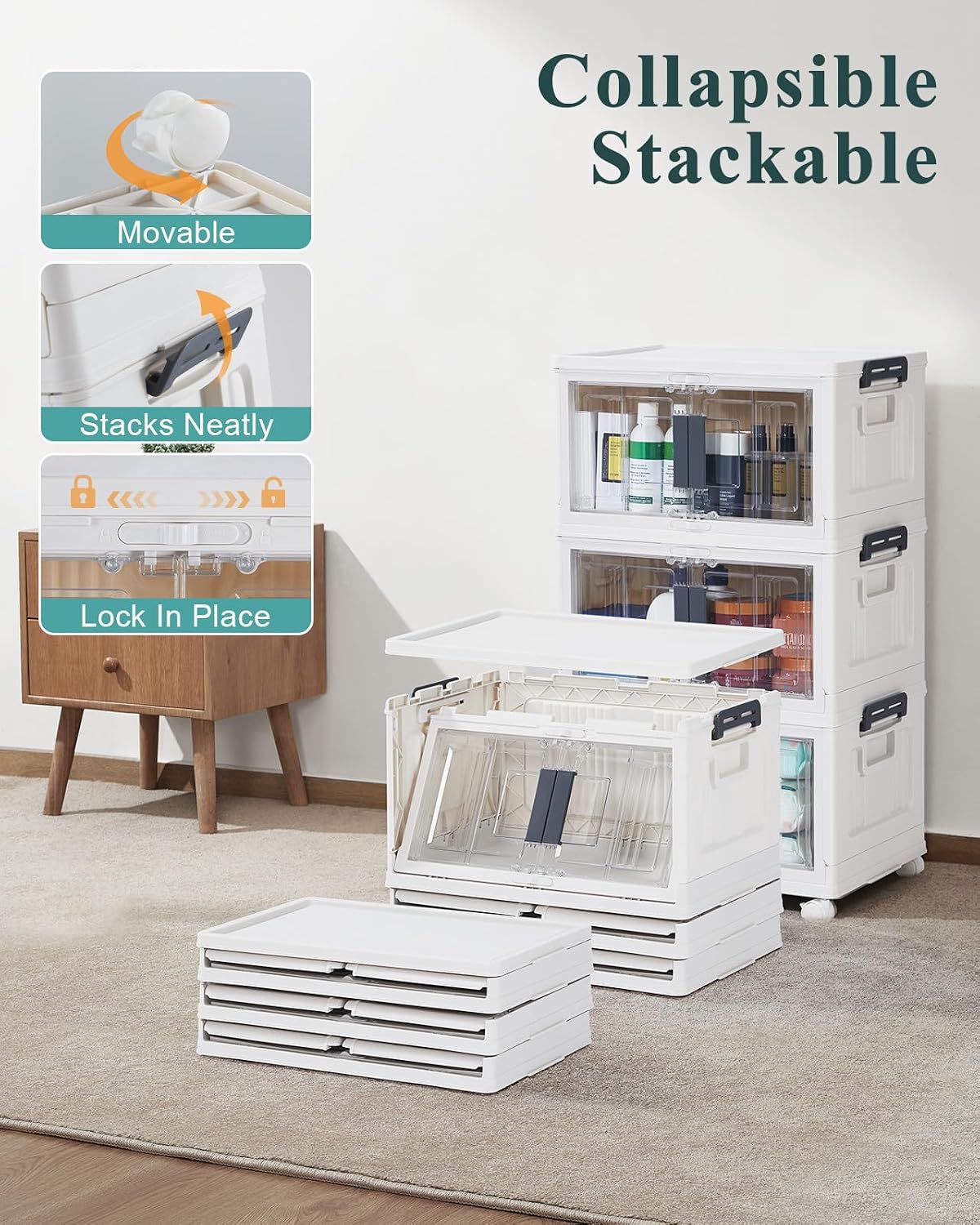 OlarHike 144QT Storage Bins with Lids for Closets, Office, Dorm, 3 Pack | Multi-Lid, Lockable Cabinet, Doors & Wheels, Foldable & Collapsible, Stackable Organizers, Plastic Drawers, School, Game Day