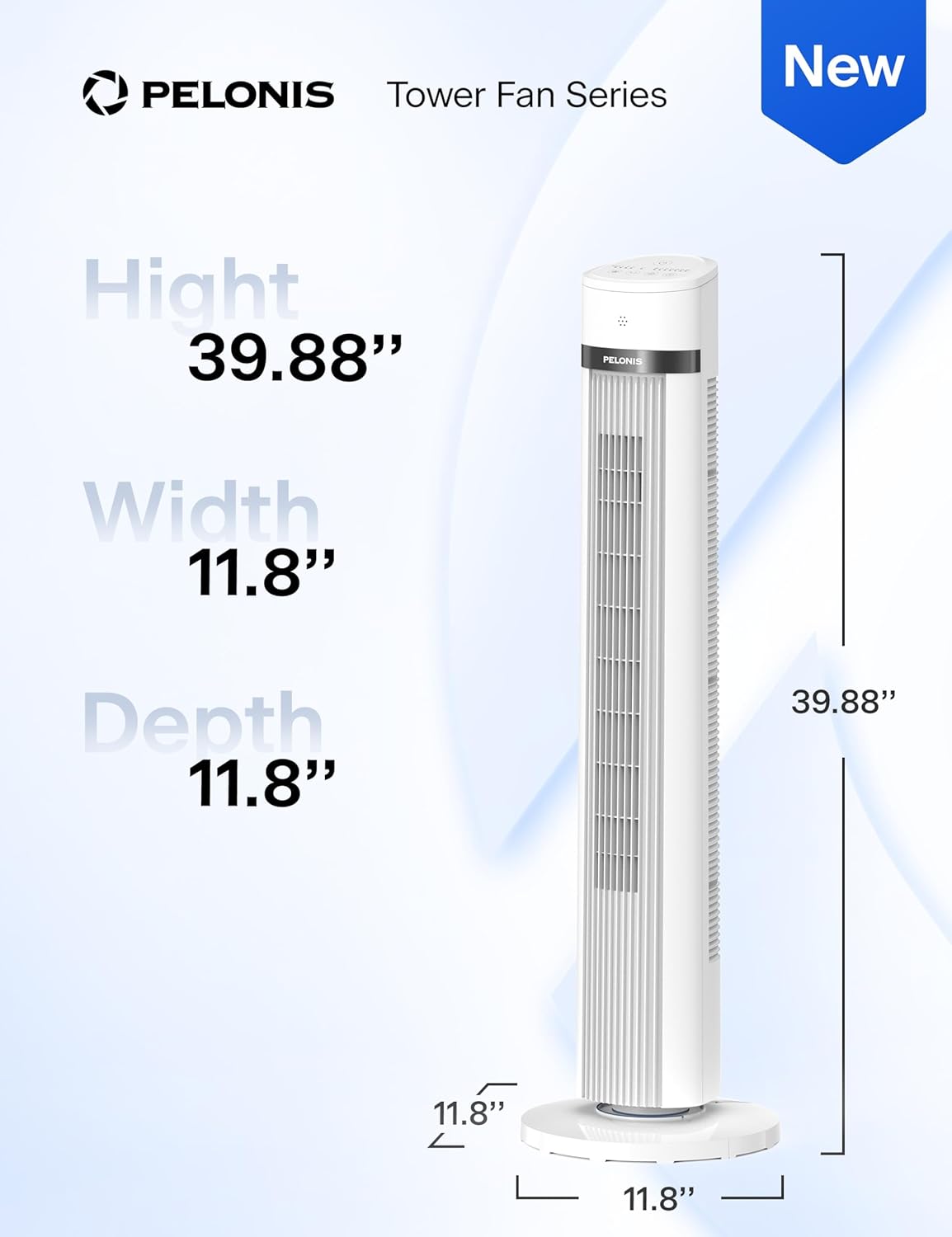 PELONIS 40-inch Bladeless Tower Fan for Bedroom, Standing Fan with Remote Control, 26ft/s, 90° Oscillation, 3 Speed Settings, 27 dB, 3 Modes