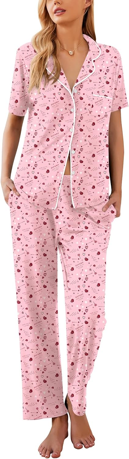 Ekouaer Womens Pajamas Set Short Sleeve Button Down Top & Pants Lounge Pjs