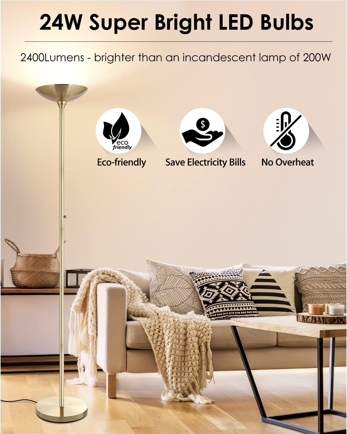 BoostArea Torchiere Floor Lamp, 30W Super Bright LED Standing Lamp, Stepless Dimmable Pole Lamp with 3000K Lighting, Rotary Switch