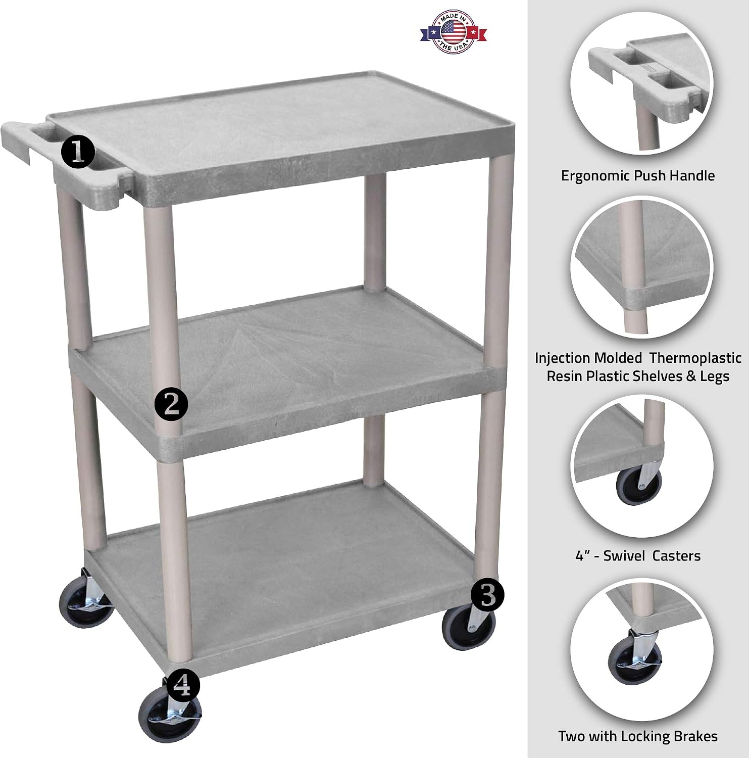 Luxor Multipurpose Storage Utility Cart 3 Shelves Structural Foam Plastic - Red