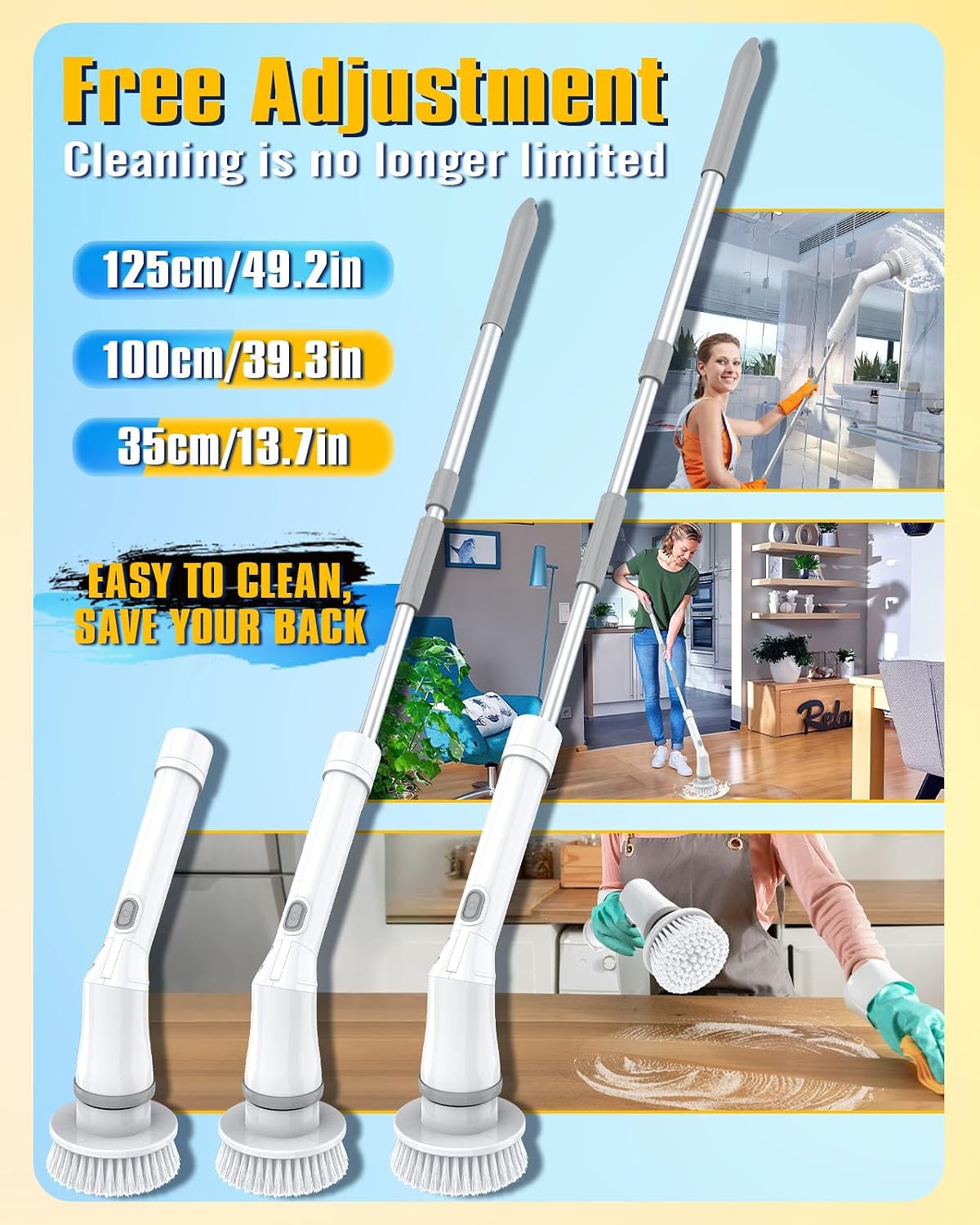 Electric Spin Scrubber, Cordless Shower Spin Scrubber with Dual Speed, 6 Replacement Brush Heads & Adjustable Extension Arm, 2H Bathroom Scrubber