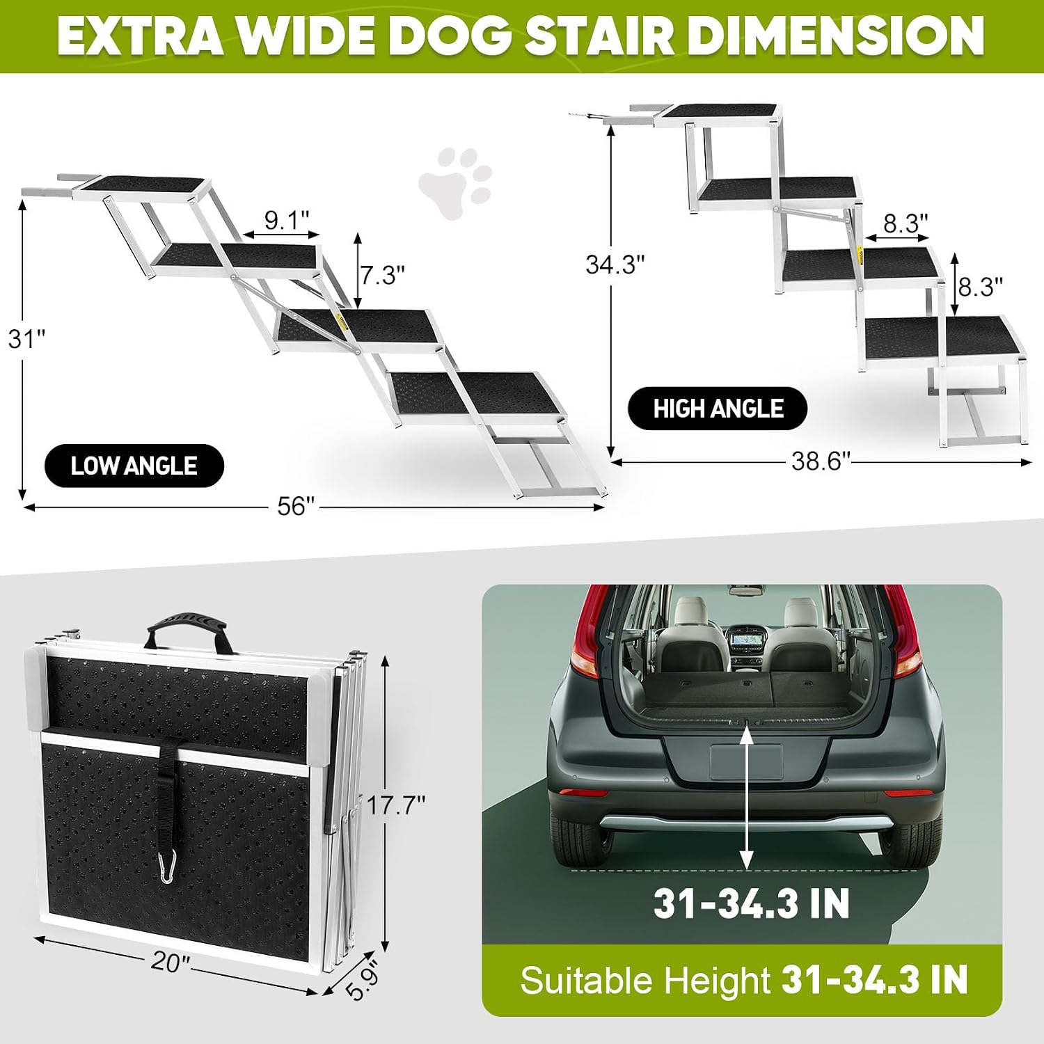 Dog Stairs for Car, Extra Wide Dog Stairs for Large Dogs, Foldable Dog Ramp for Car, Pet Steps Light Weight Aluminum, High Beds, for SUV Trucks