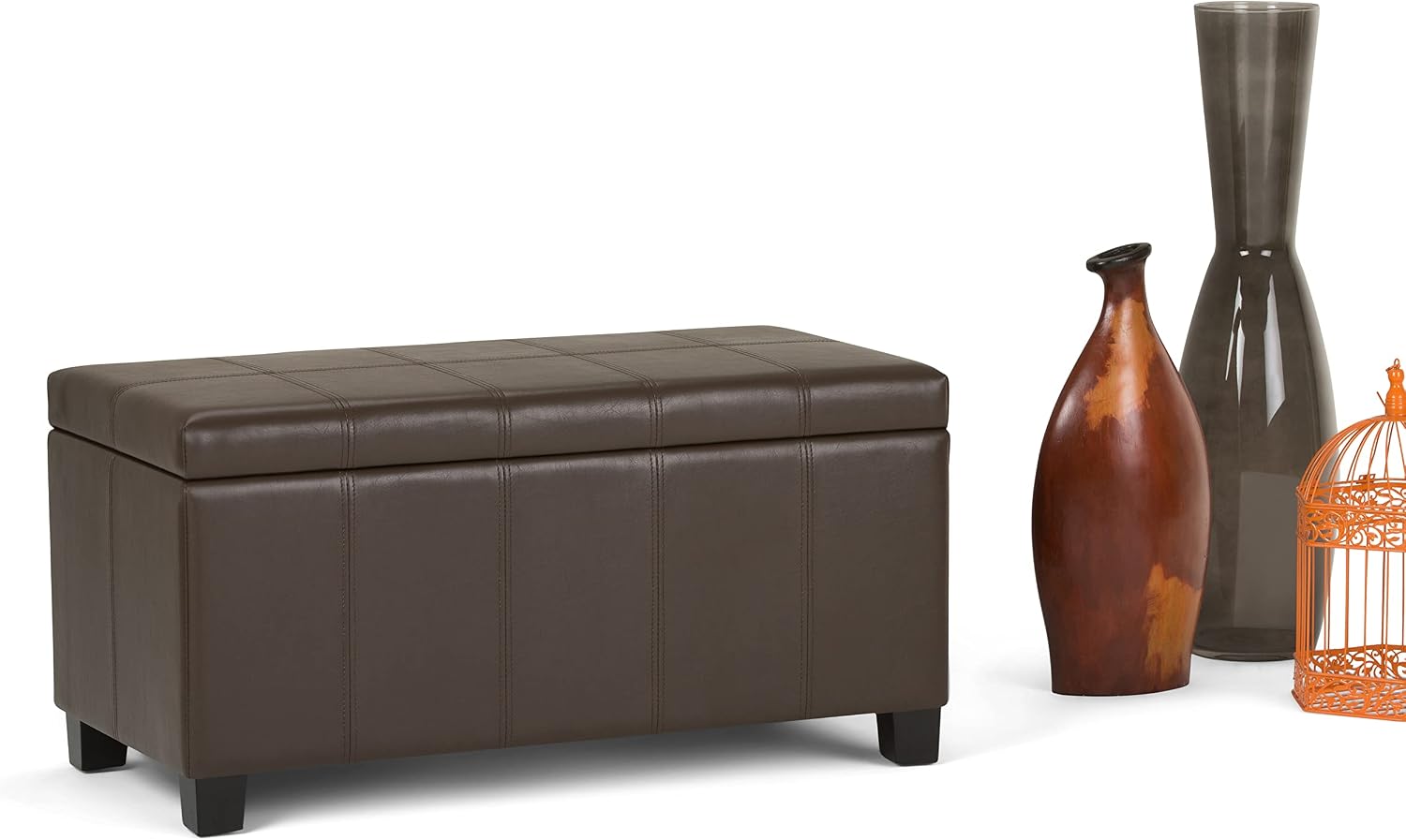 SIMPLIHOME Dover 36" Wide Vegan Leather Storage Ottoman in Midnight Black | Distressed umber brown, contemporary ottoman with lift-top and safety hinges; rectangle storage bench for living room.