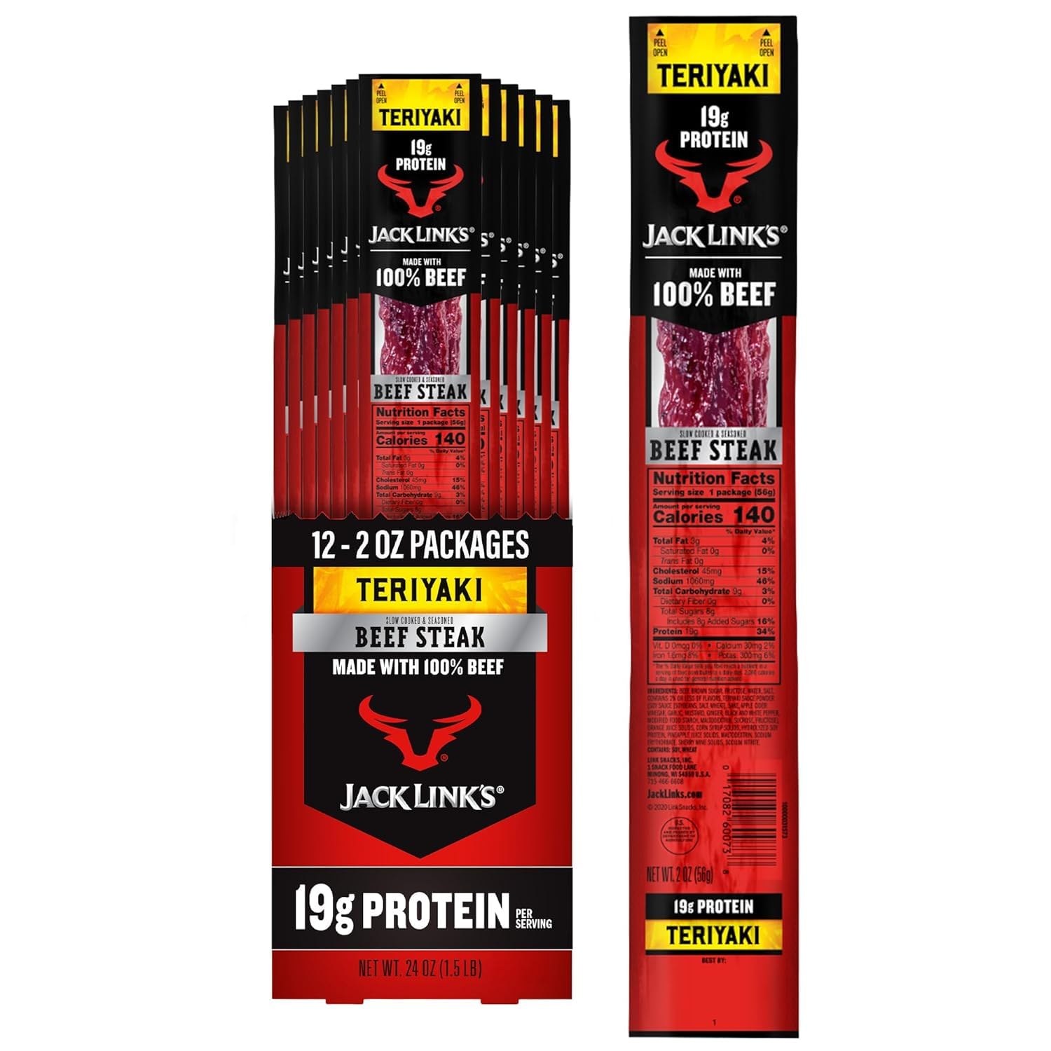 Jack Link's Beef Steak, Original - Protein Snacks, Jerky Meat Snack with 23g of Protein, Made with 100% Beef, Individually Wrapped Bulk Snack Pack, Keto Friendly - 2 Oz. (12 Count)