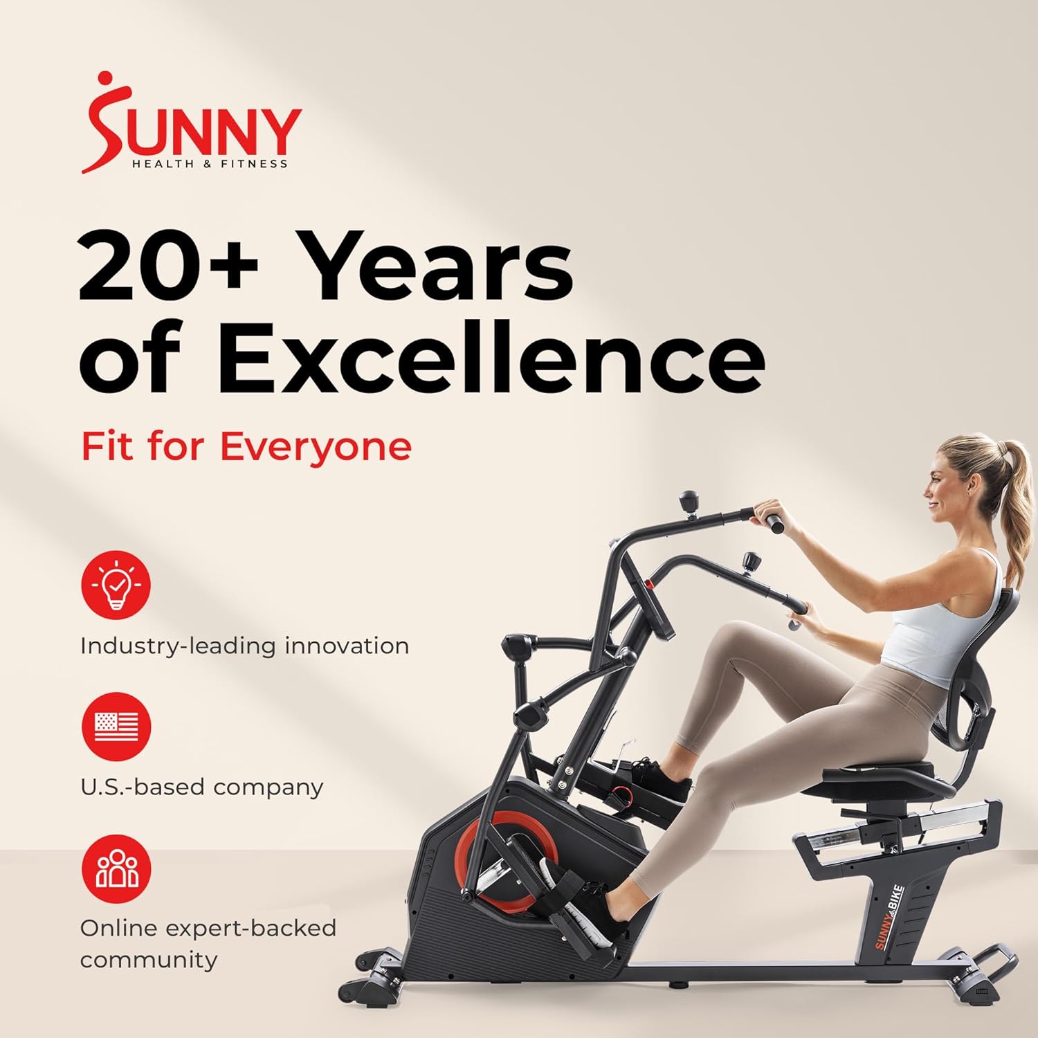 Sunny Health & Fitness Elite Recumbent Cross Trainer & Elliptical Machine with Arm Exercisers for Home Arm/Leg Training