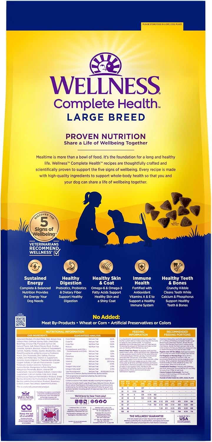 Wellness Complete Health Large Breed Puppy Dry Dog Food, Wholesome Grain Kibble, Natural, Chicken, Brown Rice and Salmon Meal Recipe, 30 lb Bag