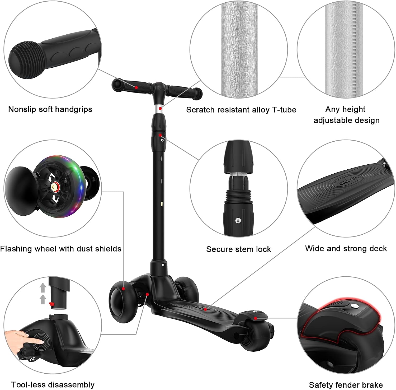 Allek Kick Scooter B03, Lean 'N Glide 3-Wheeled Push Scooter with Extra Wide PU Light-Up Wheels