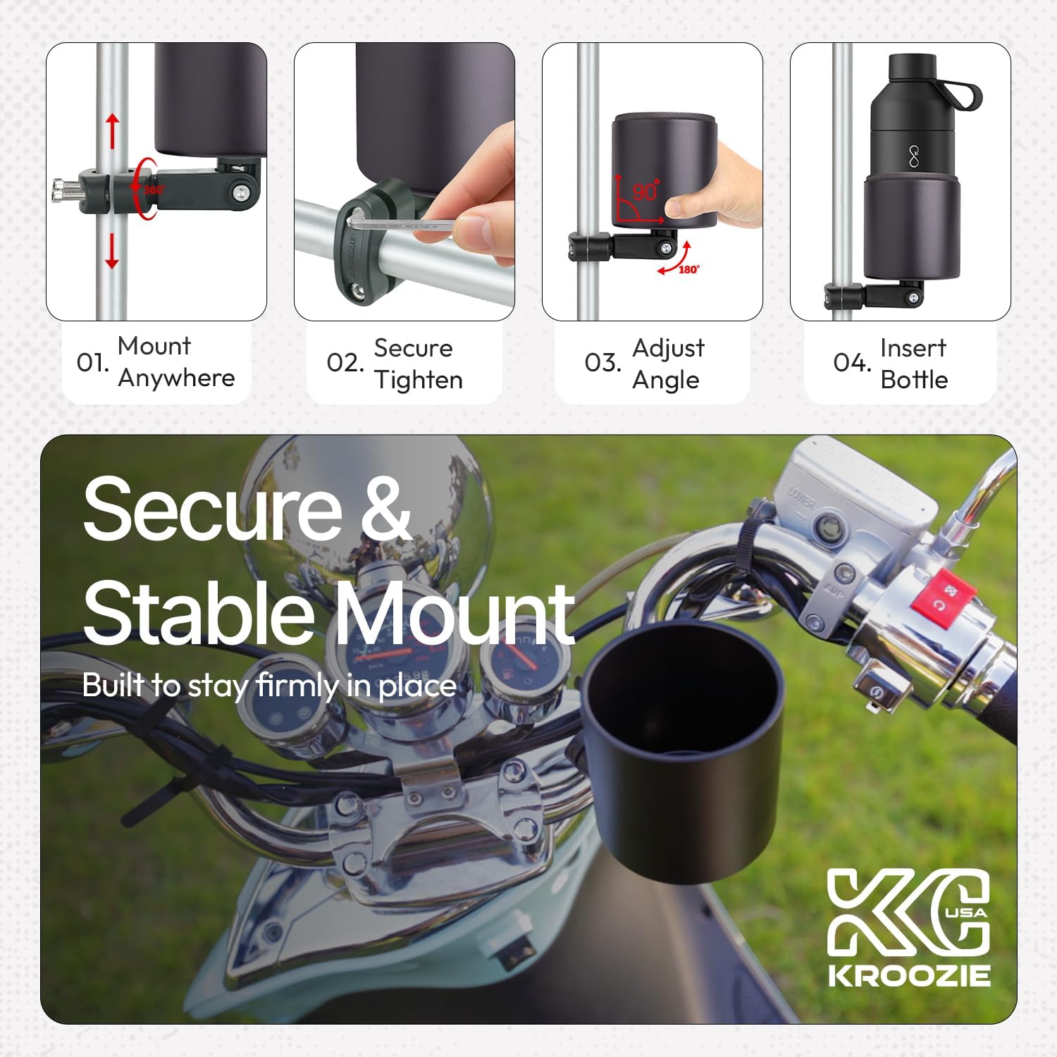 Kroozie Deluxe Bike Bottle Holder – Universal, Stainless Steel Bike Cup Holder for Handlebars – For Vertical or Angled Bars & Drinks up to 48 Oz. – Stroller, Cruiser, & Ebike Accessories