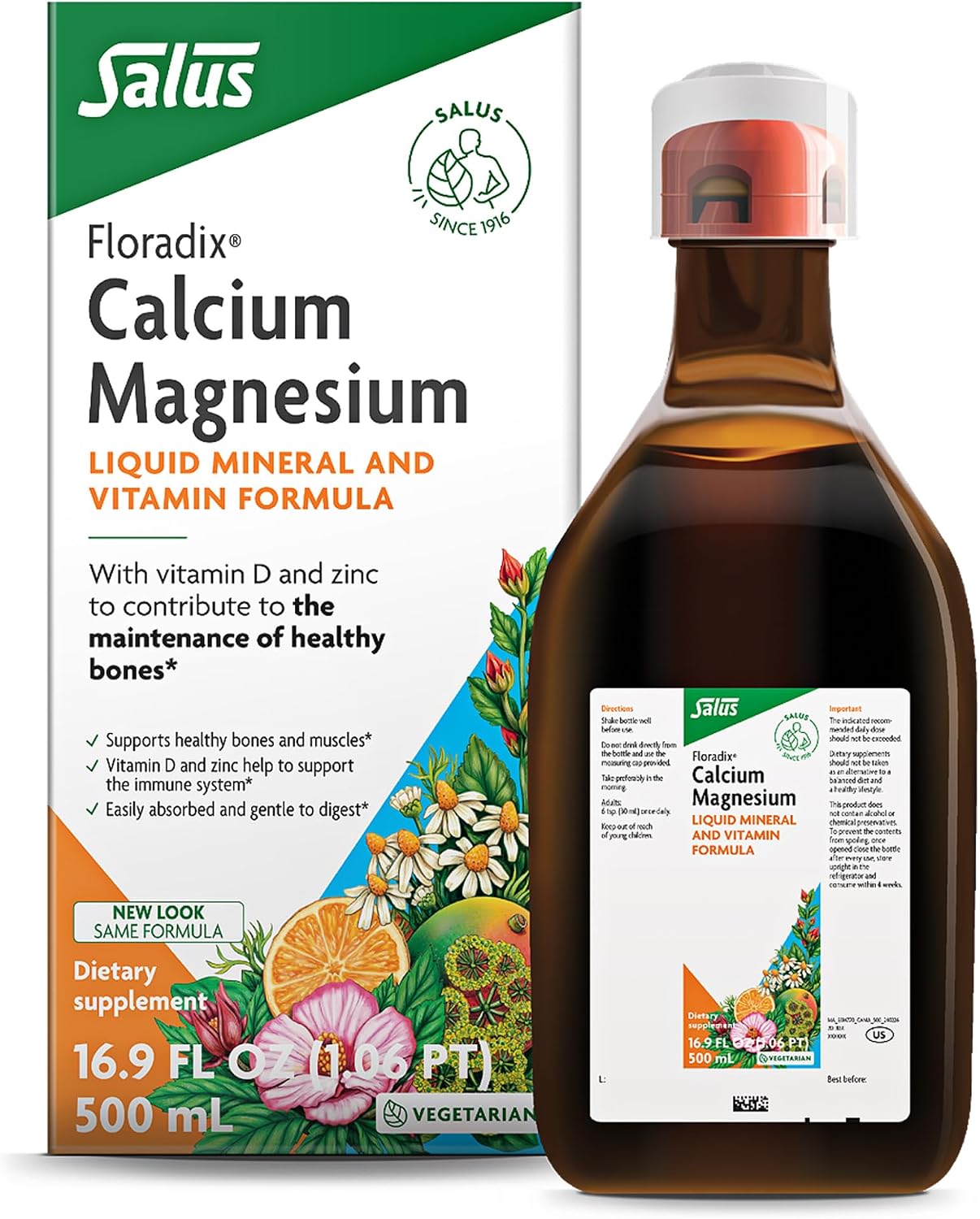 Floradix Calcium Magnesium Liquid Mineral & Vitamin Formula - Bone Support Supplement with Calcium, Magnesium, Vitamin D & Zinc - Vegetarian & Non-GMO - 8.5 fl oz