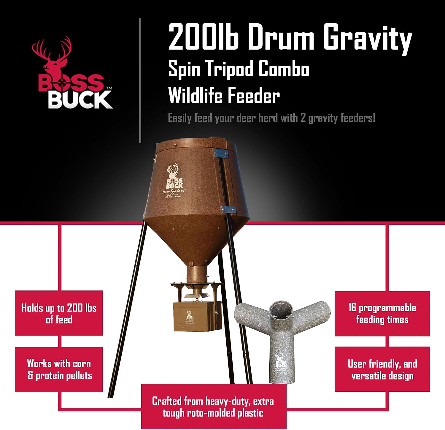 BOSS BUCK 200 LB Deer Feeder/Hunting Durable Lightweight Plastic UV Protected Waterproof Game Feeder with Protein 3 Feed Tubes Head, 12V Spinner Automatic Delivery System & Multi-Piece Legs | Auto feed system for outdoor, wildlife and hunting, 200 pound…