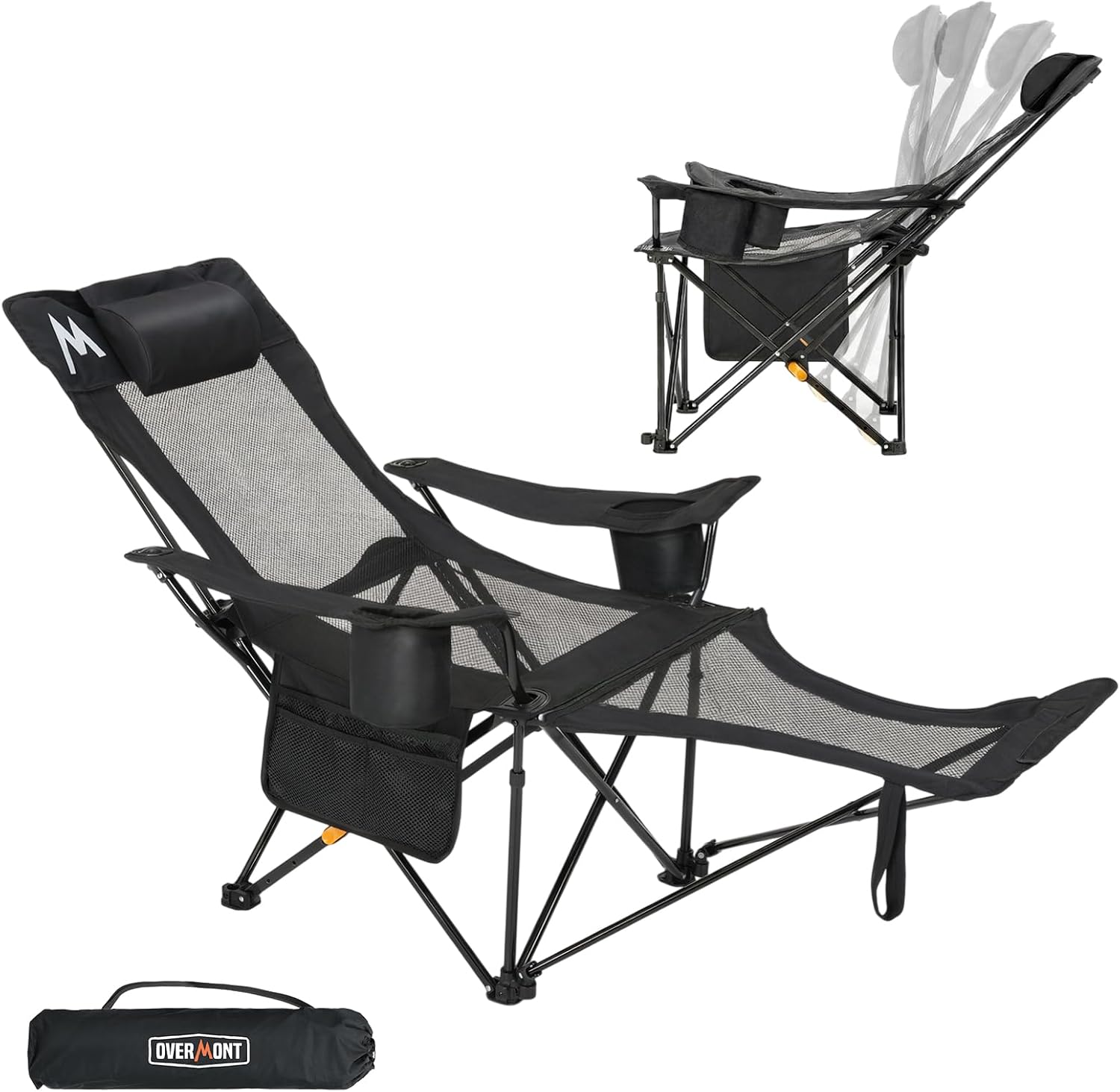 Overmont Reclining Camping Chair with Footrest - 4-Position Adjustable Backrest Lightweight Folding Lounge Chair for Adults with Pillow Carry Bag