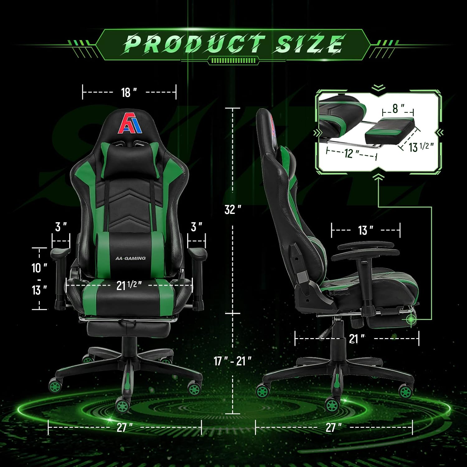 AA Products Gaming Chair Ergonomic High Back Computer Racing Chair Adjustable Office Chair with Footrest, Lumbar Support Swivel Chair - Black
