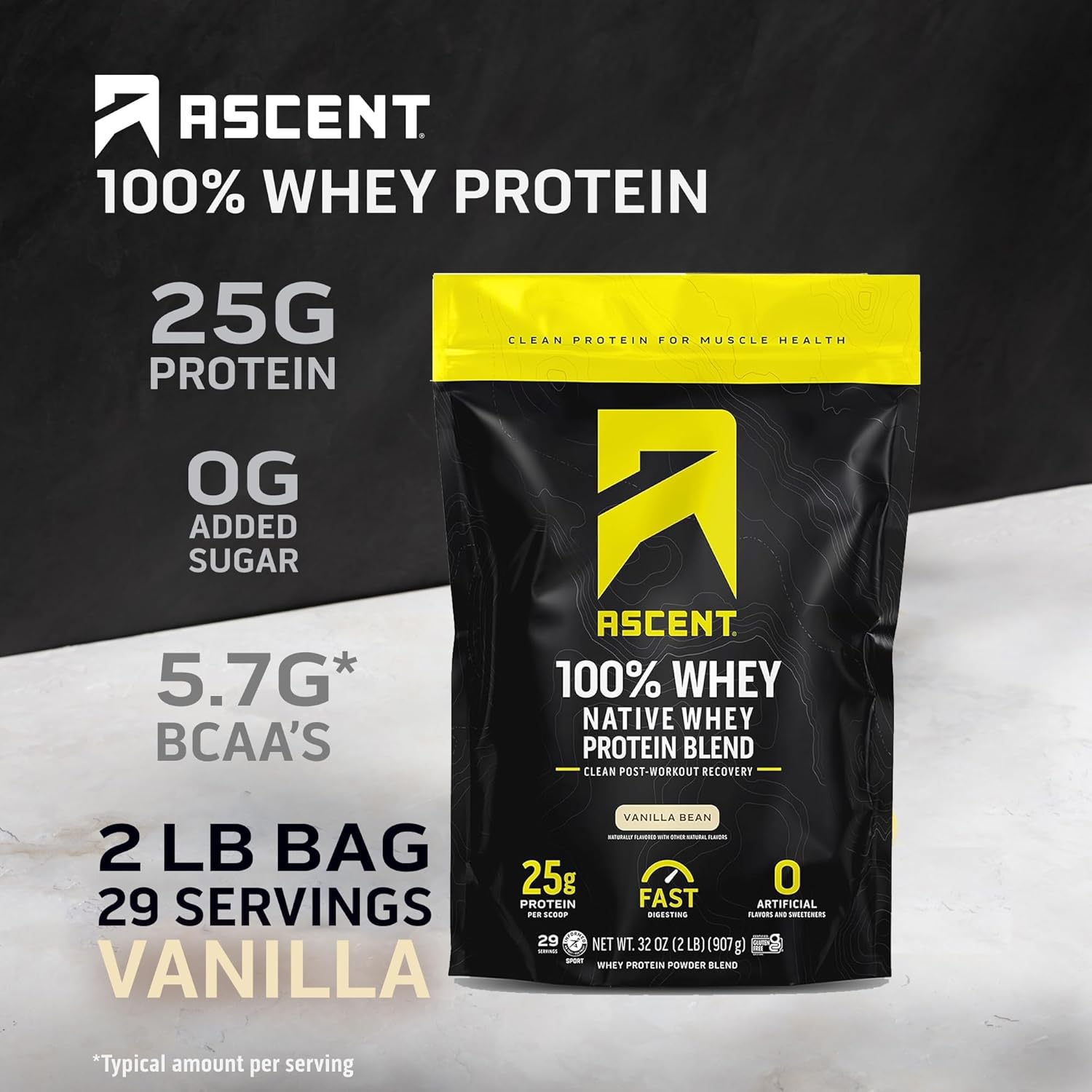 Ascent 100% Whey Protein Powder - Post Workout Whey Protein Isolate, Zero Artificial Flavors & Sweeteners, Gluten Free, 5.5g BCAA, 2.6g Leucine, Unflavored 2 lb