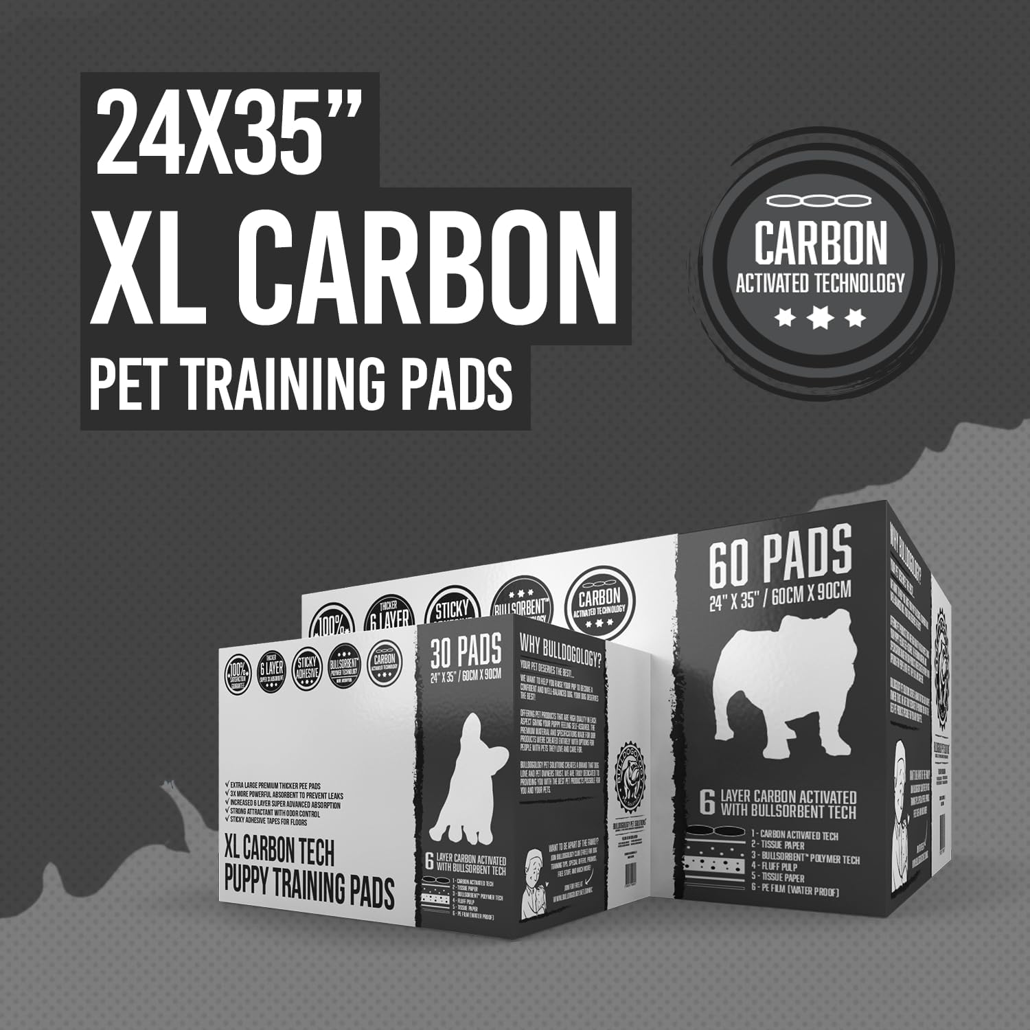 Bulldoglogy 50-Count Carbon Black Dog Pads Puppy Training Pads with Adhesive Tape 24x24 - Large Charcoal Puppy Pads Dog Training Wee Pads, Odor Control Thick Pee Pads for Dogs Extra Quick Dry